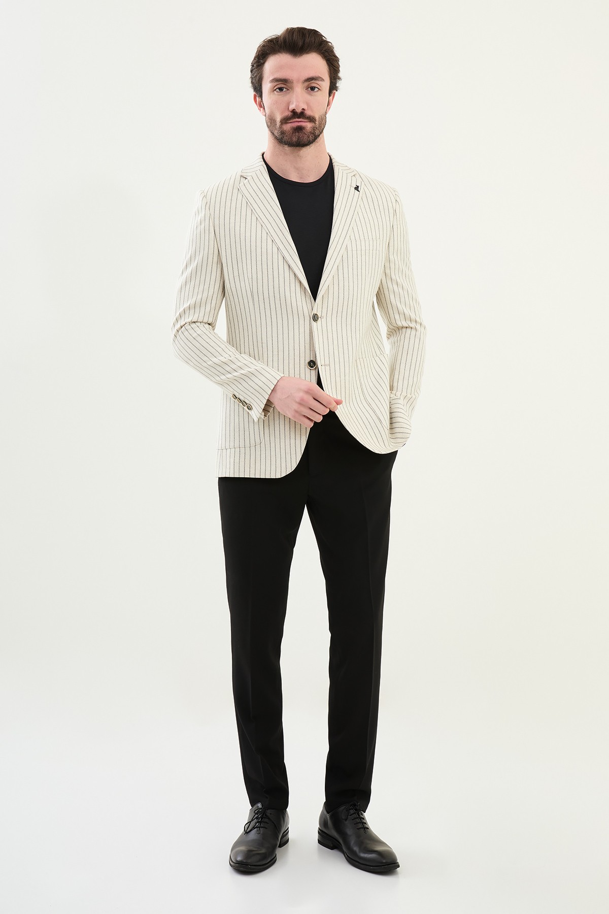 Çizgili Slim Fit Torba Cep %100 Keten Erkek Ceket