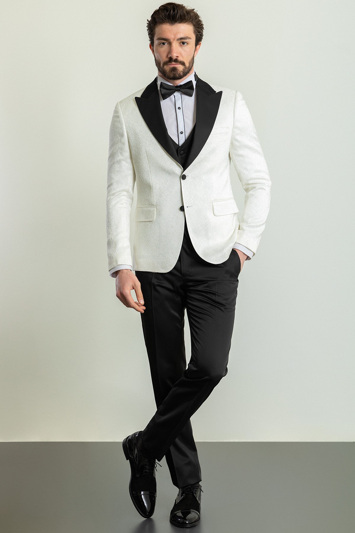 Desenli Slim Fit Geniş Yaka Saten Erkek Damatlık