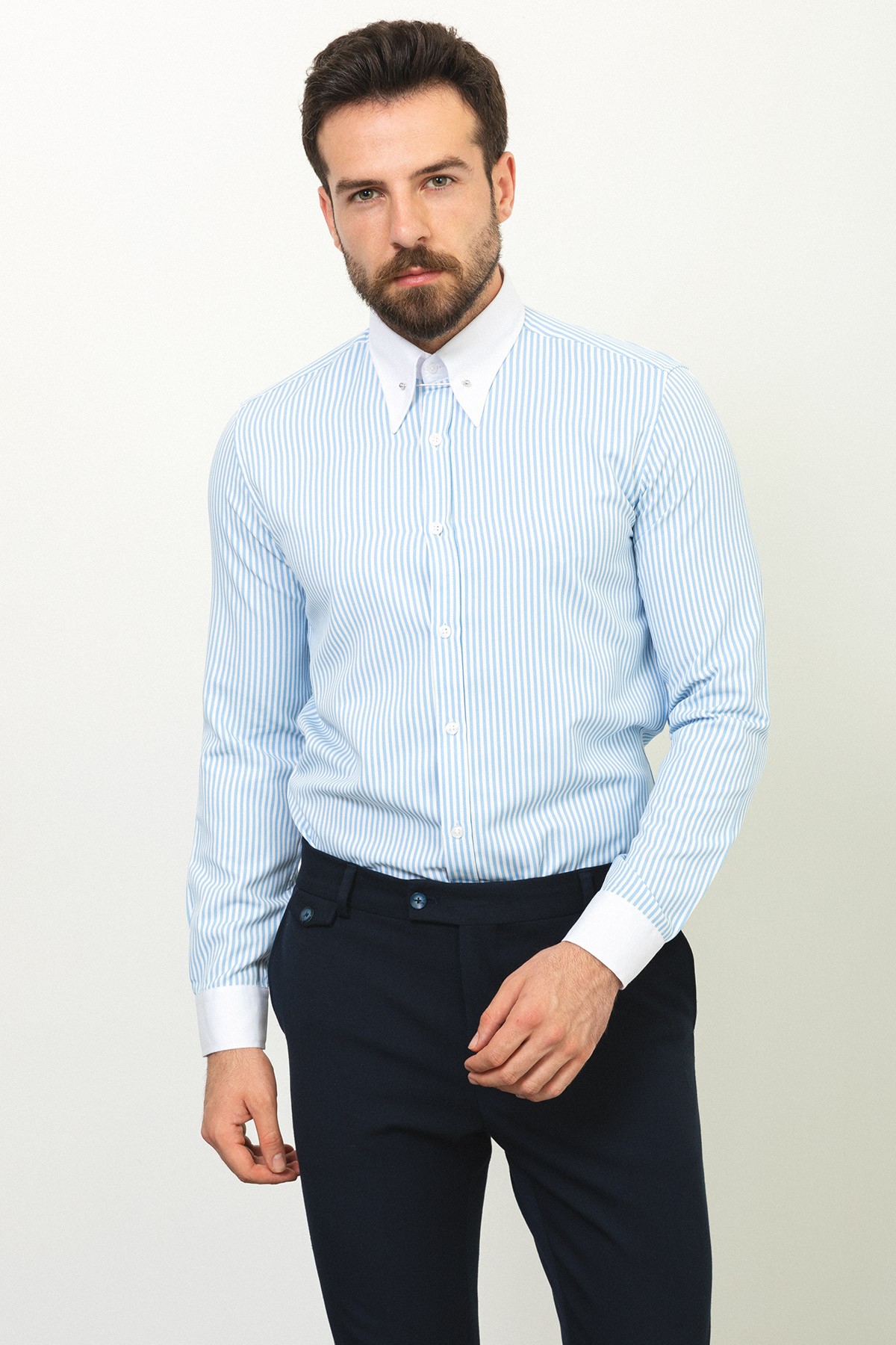Çizgili Slim Fit Sivri Yaka Klasik Erkek Gömlek - Mavi-Beyaz