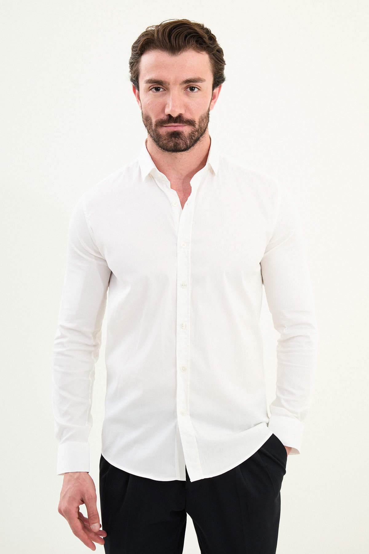 Desenli Slim Fit Uzun Kollu Erkek Gömlek - Ekru