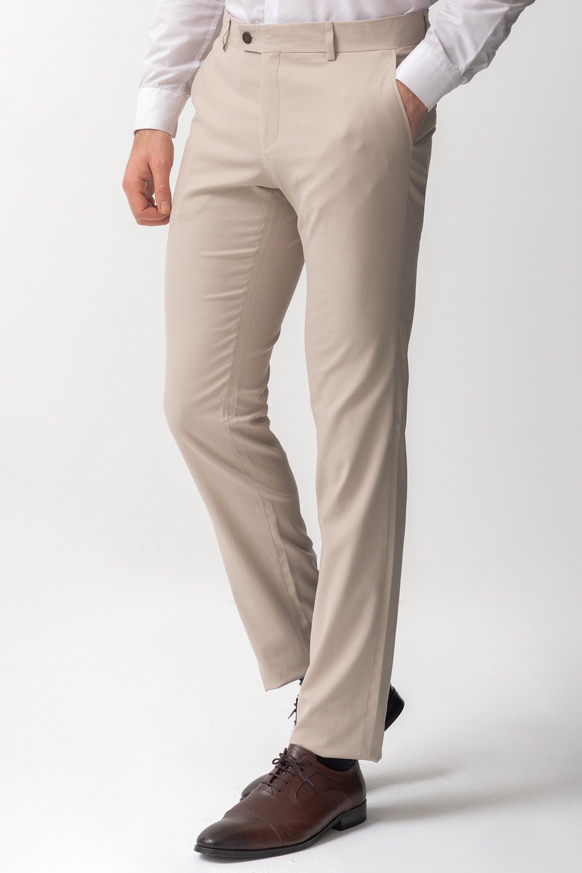 Cizgi Desenli Slim Fit Klasik Erkek Pantolon - Taş