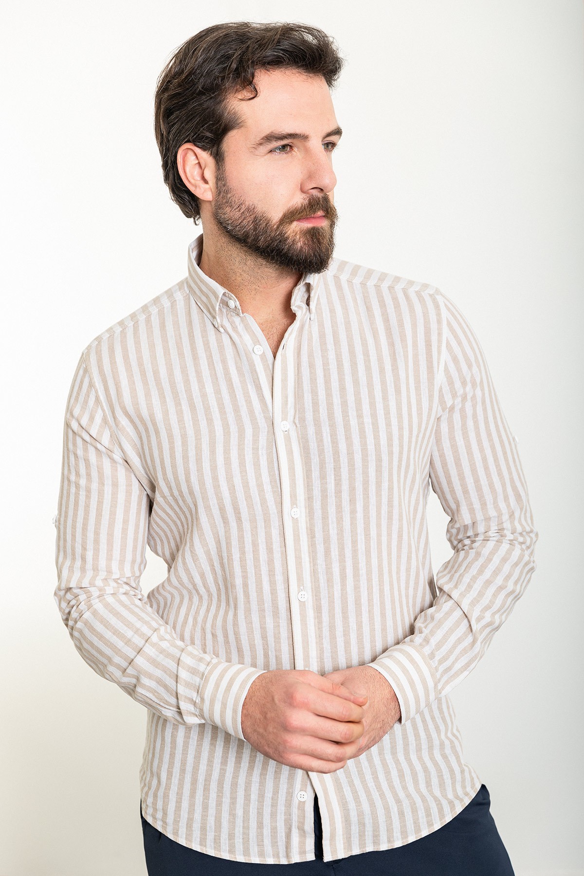 Çizgili Slim Fit Uzun Kollu Keten Erkek Gömlek