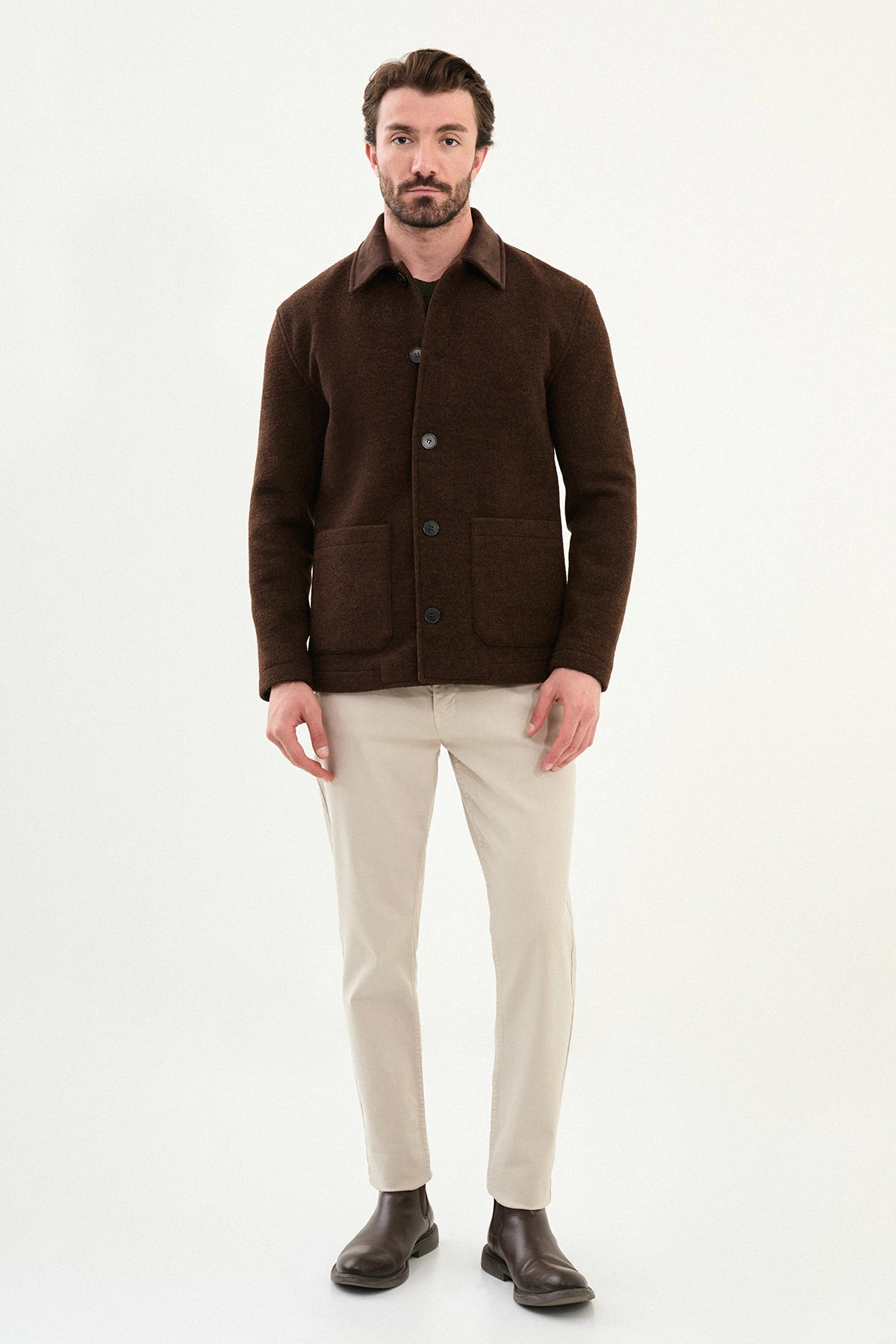 Kırçıllı Slim Fit Kadife Yaka Torba Cepli Erkek Trenchcoat