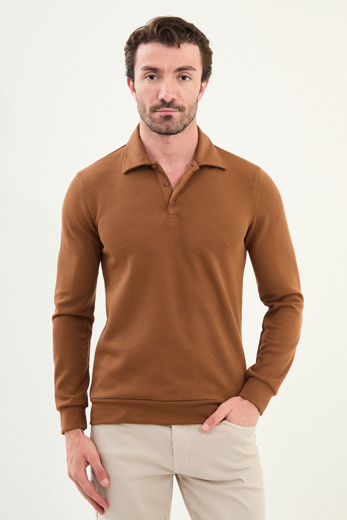 Çizgili Slim Fit Polo Yaka Uzun Kollu Pamuk Erkek T-Shirt - Kahverengi