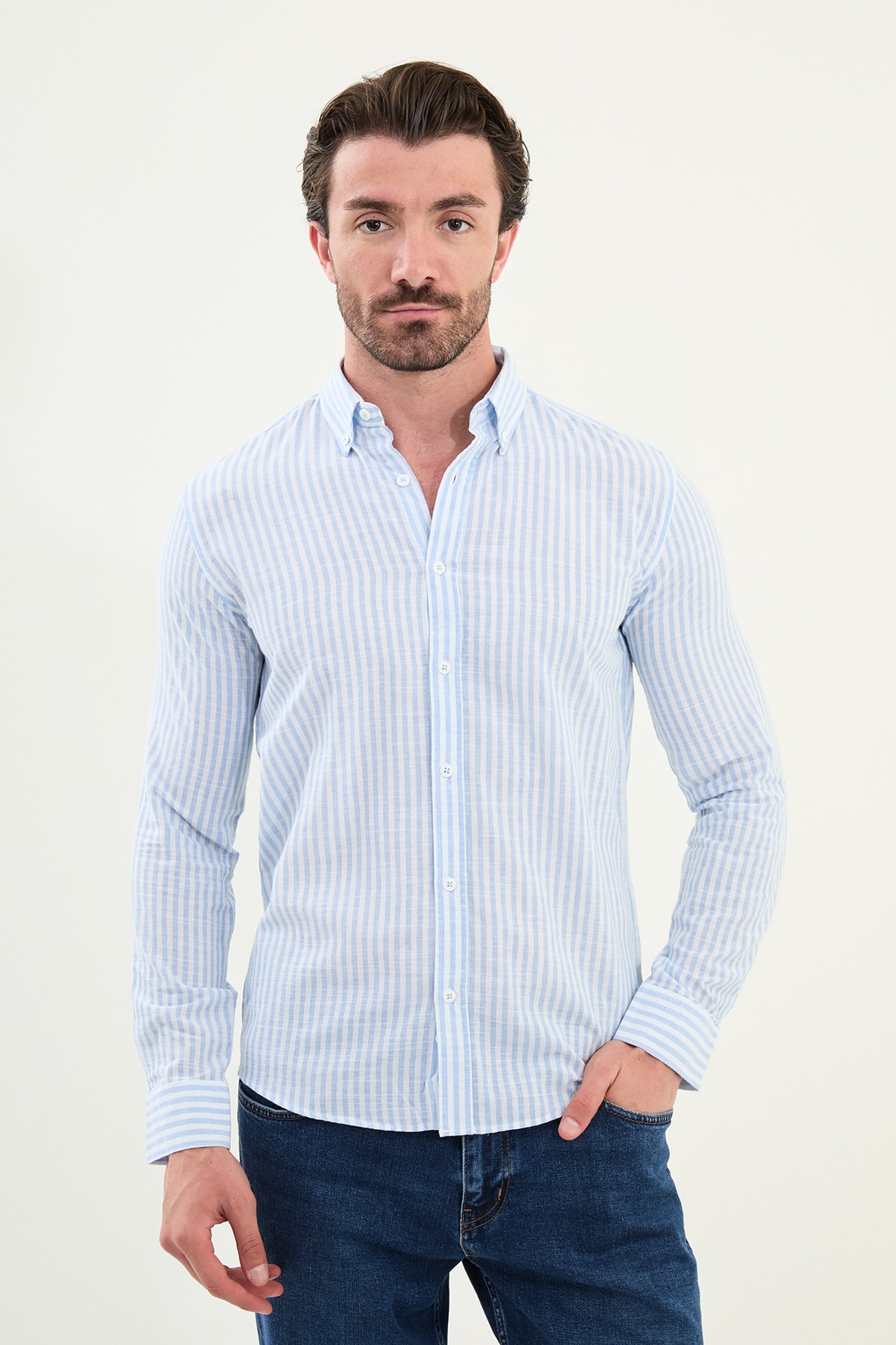 Çizgili Slim Fit Uzun Kollu Keten Erkek Gömlek - Mavi