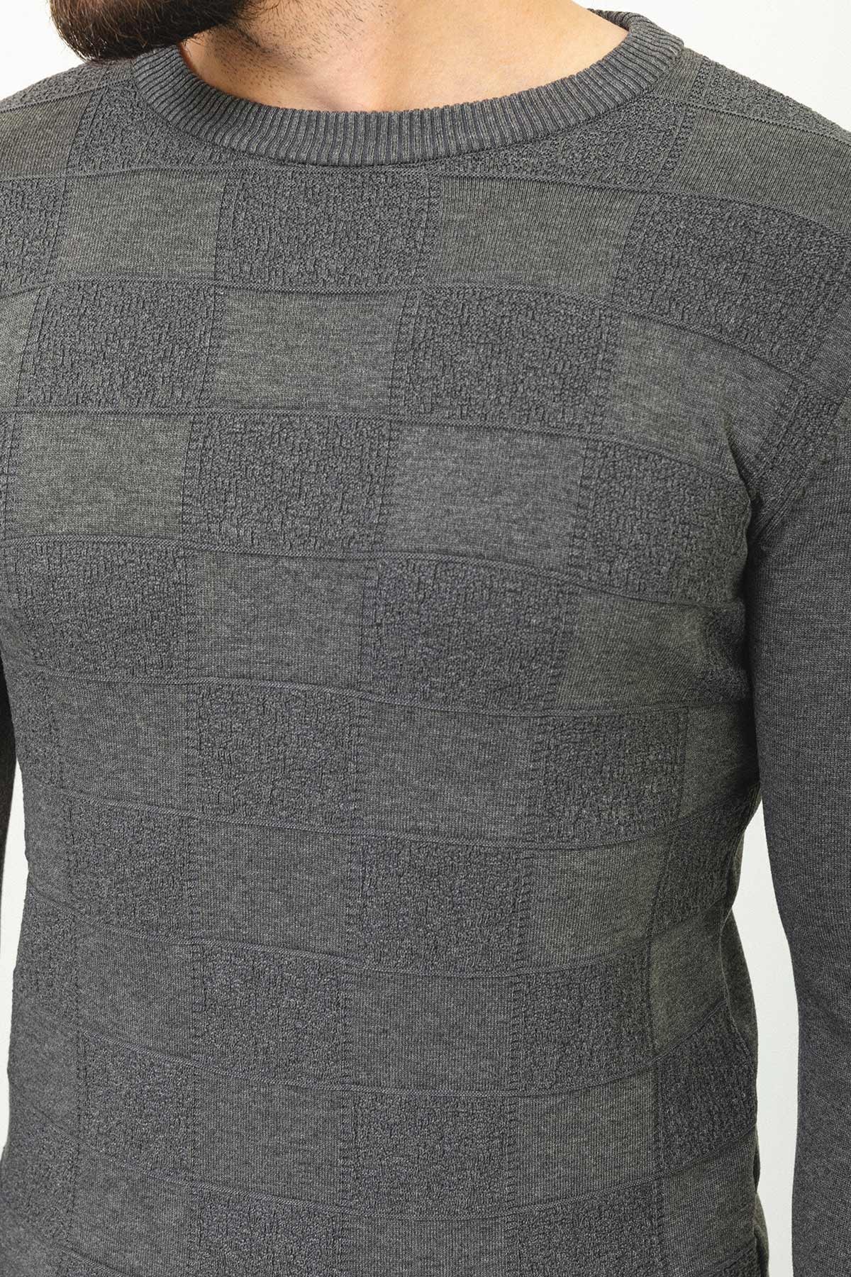 Kareli Slim Fit Bisiklet Yaka Erkek Kazak