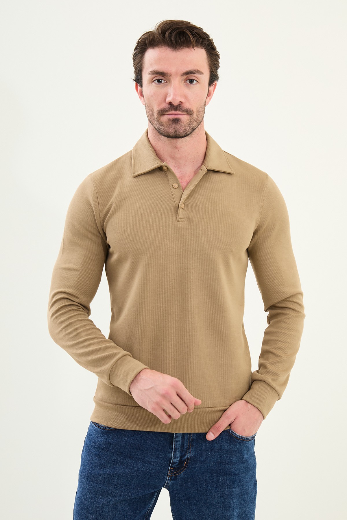 Çizgili Slim Fit Polo Yaka Uzun Kollu Pamuk Erkek T-Shirt - Vizon