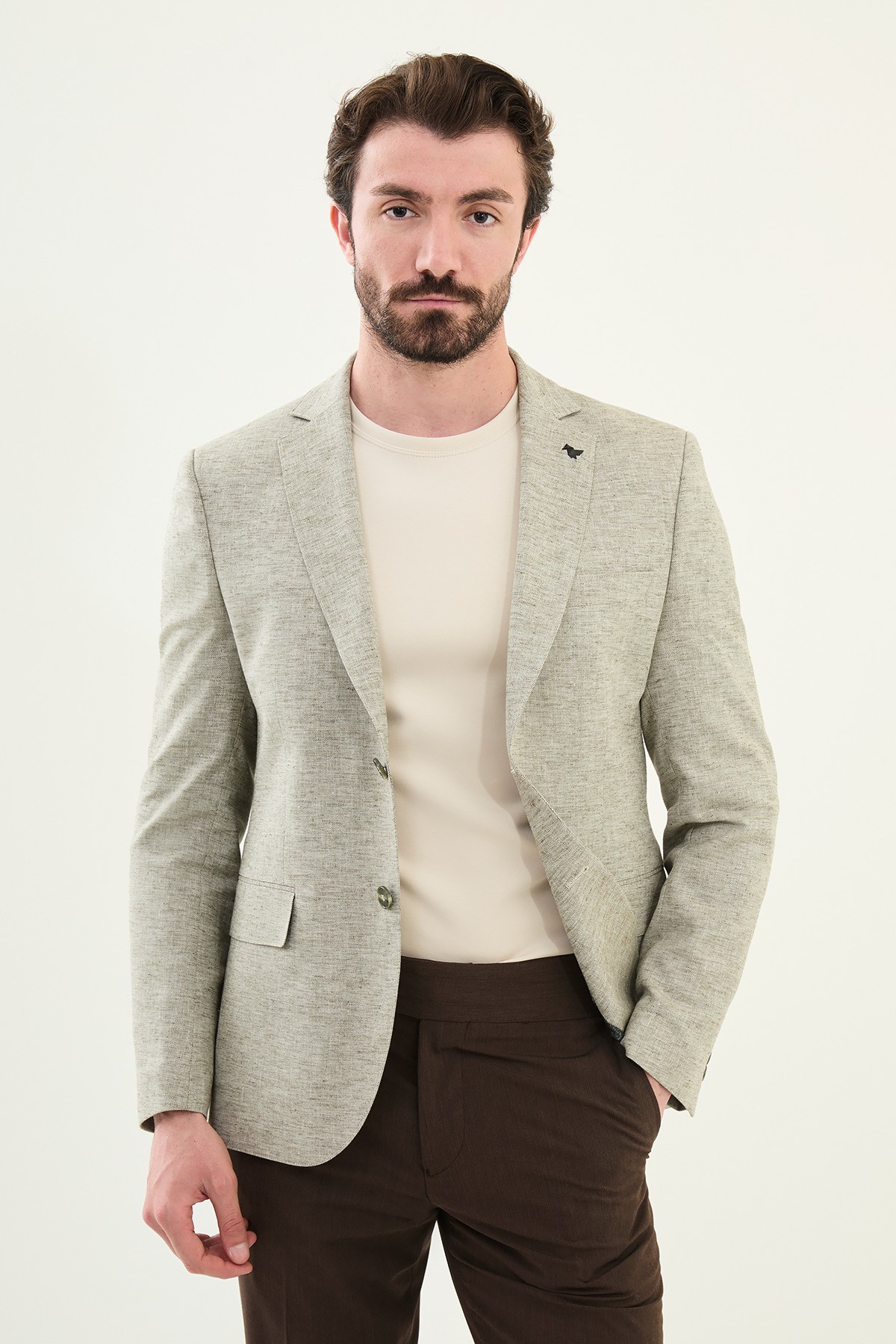 Kırçıllı Slim Fit Mono Yaka Keten Erkek Ceket - Haki