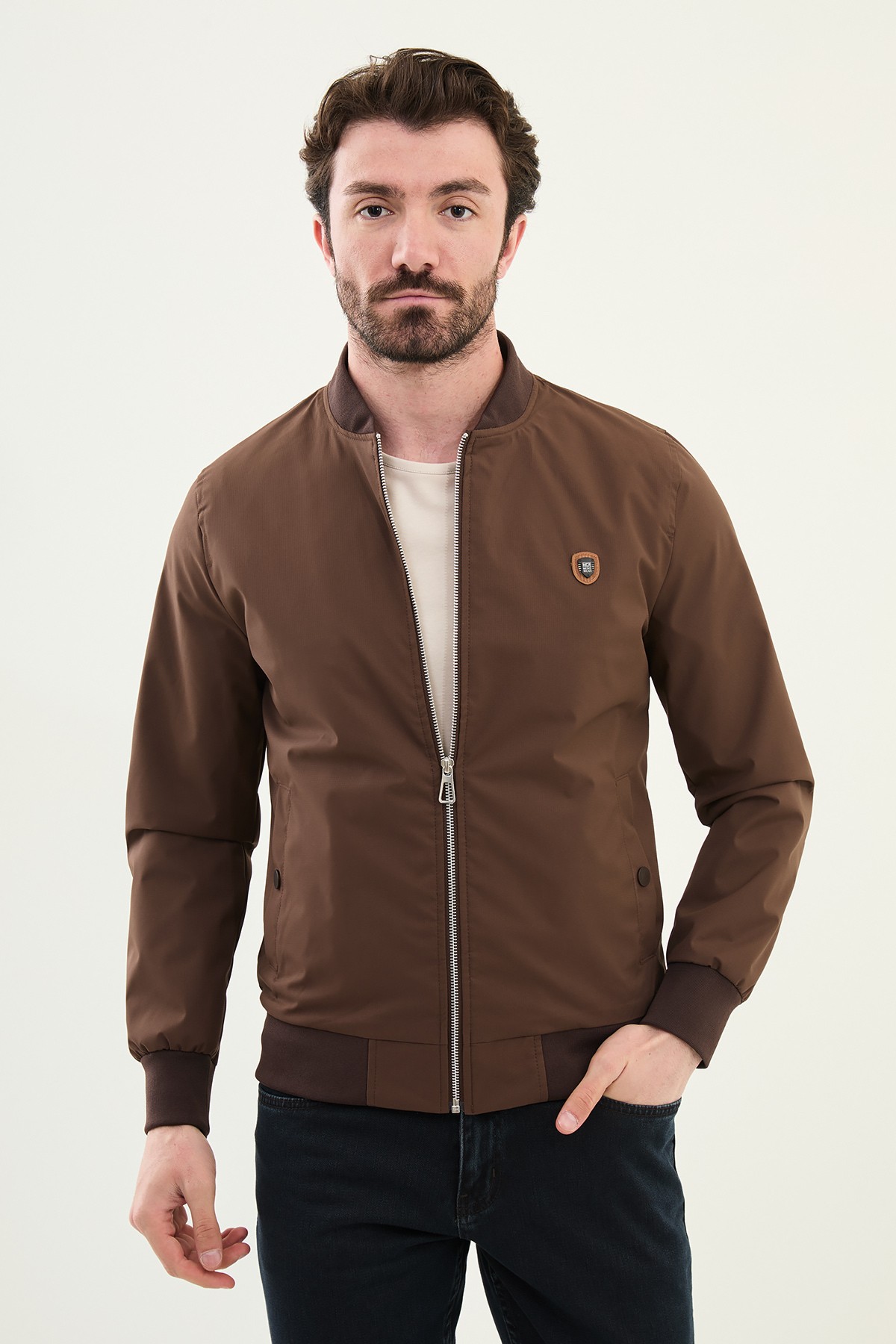 Düz Slim Fit Hakim Yaka Erkek Mont - Kahverengi