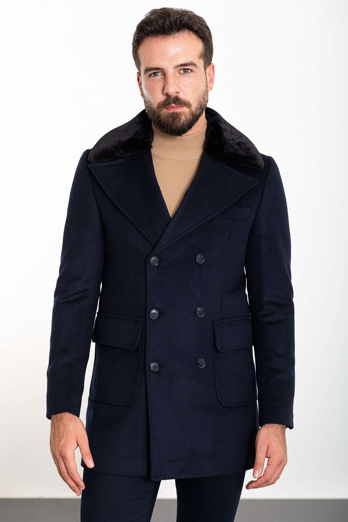 Desenli Slim Fit Torba Cep Kürklü Geniş Yaka Kruvaze Yün Erkek Kaban