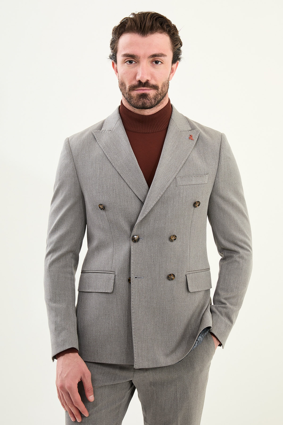 Düz Slim Fit Geniş Yaka Punto Dikiş Kruvaze Erkek Takım Elbise - Gri