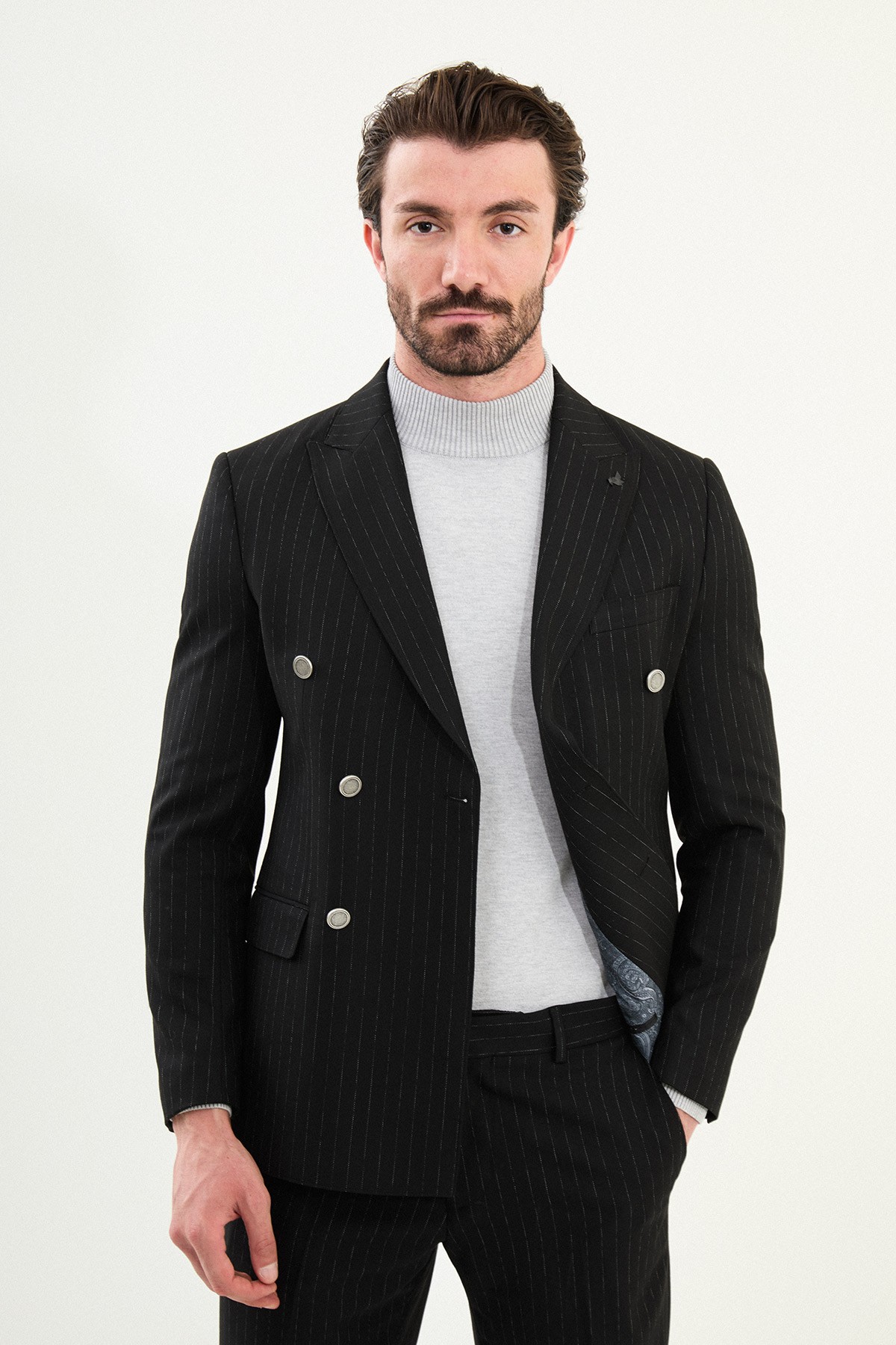 Çizgili Slim Fit Geniş Yaka Kruvaze Metal Düğmeli Erkek Takım Elbise