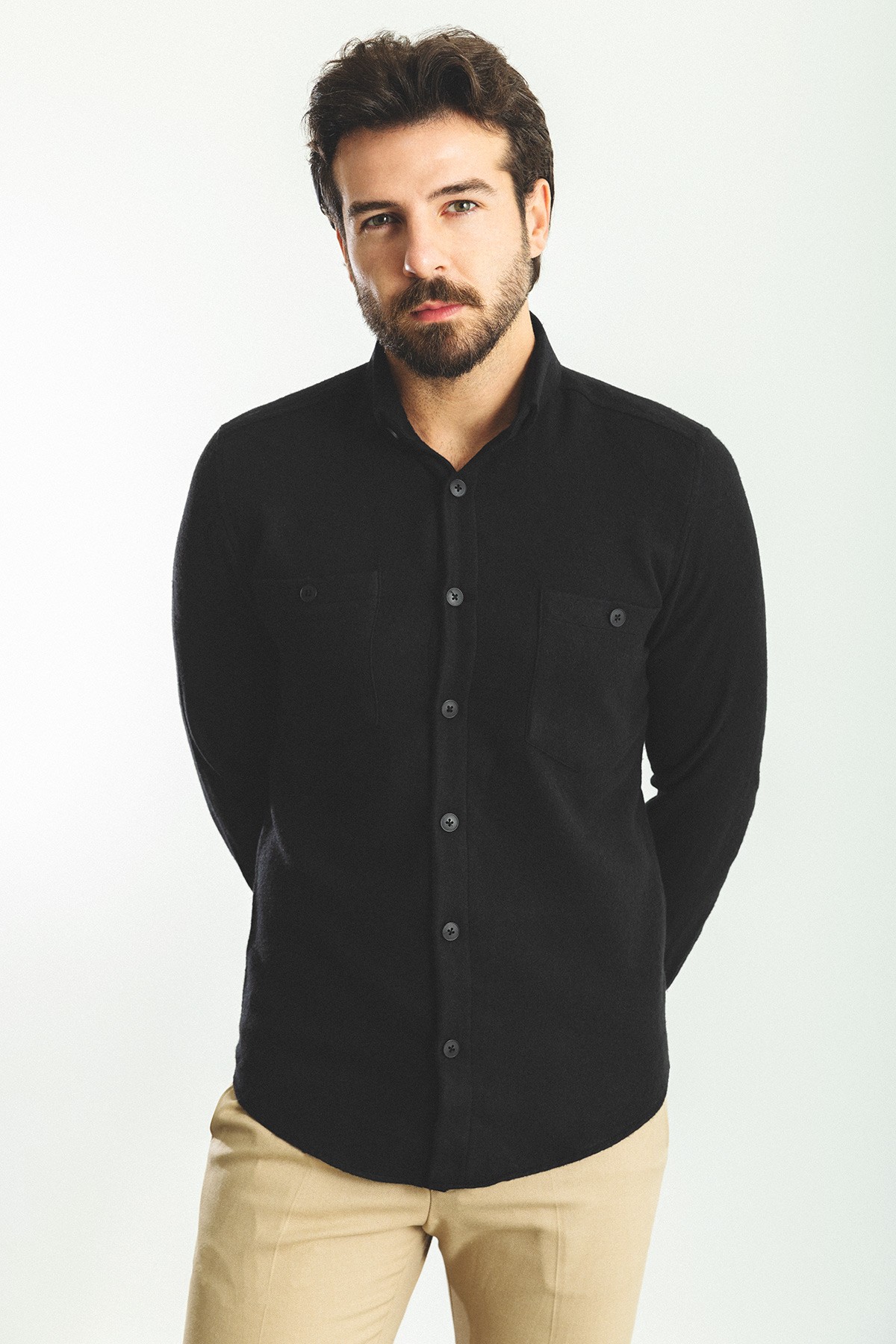 Düz Slim Fit Yün Oduncu Erkek Gömlek