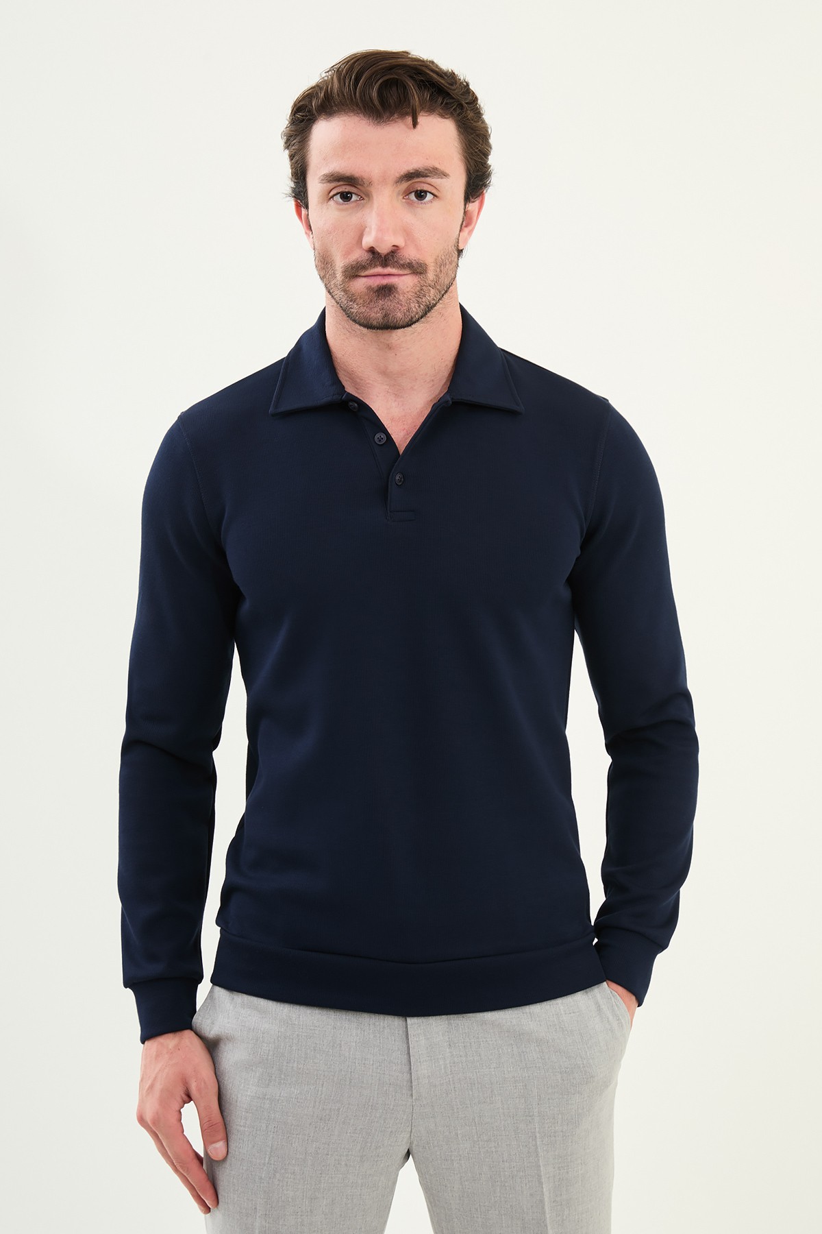 Çizgili Slim Fit Polo Yaka Uzun Kollu Pamuk Erkek T-Shirt - Lacivert