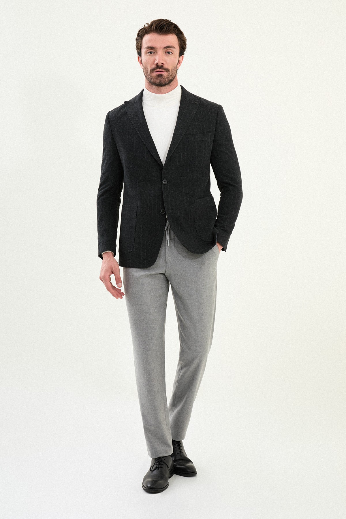 Çizgili Slim Fit Torba Cep Geniş Yaka Yün Erkek Ceket