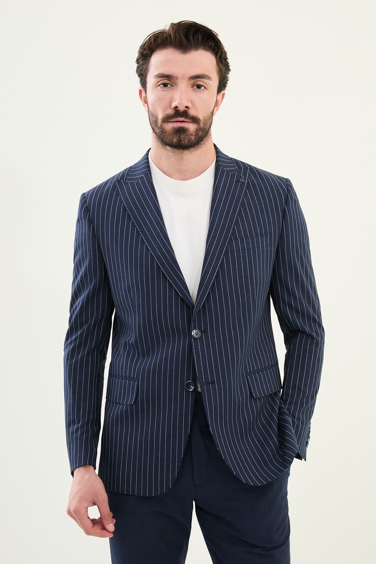 Çizgili Slim Fit Geniş Yaka Erkek Ceket - Lacivert