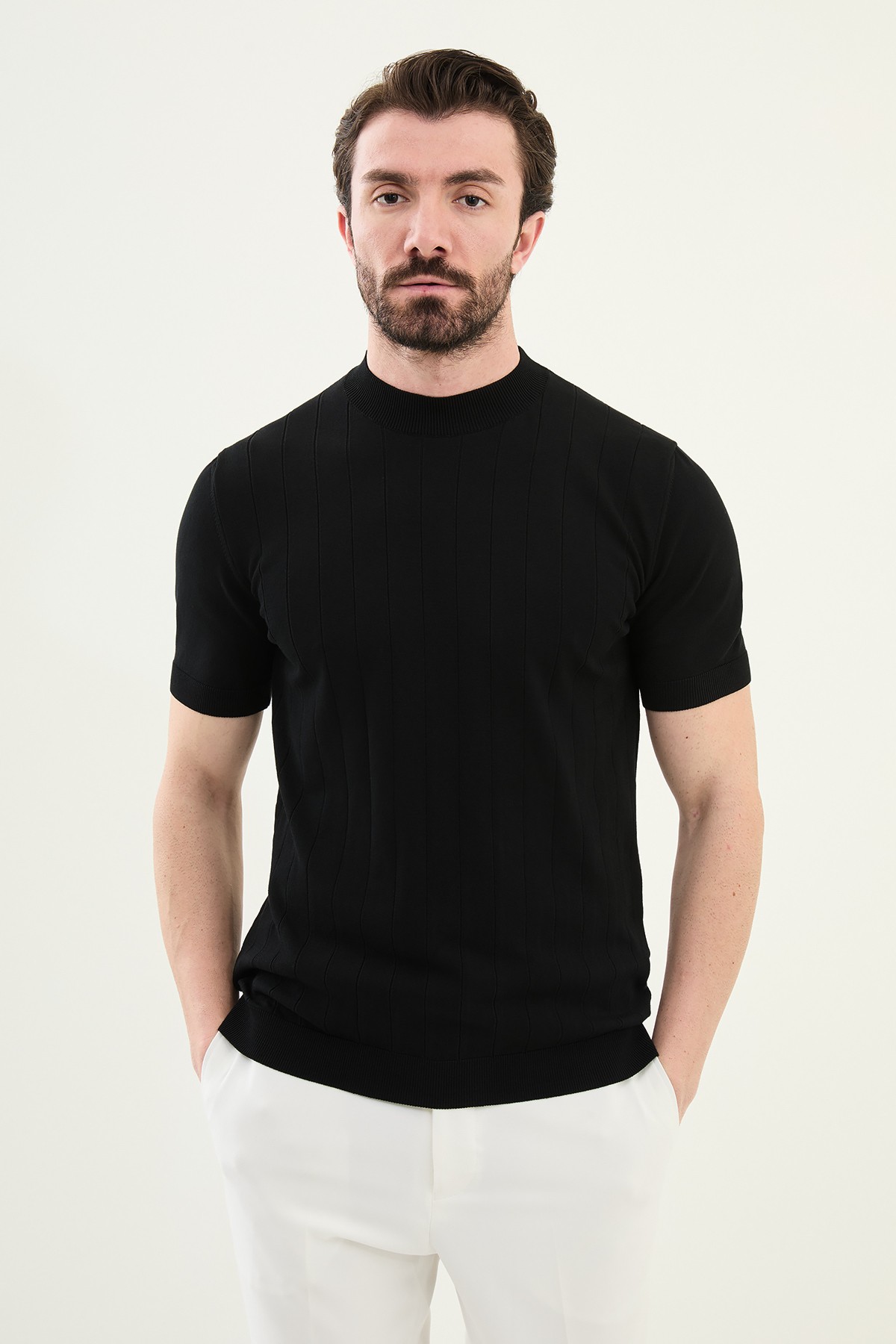 Çizgili Slim Fit Yarım Balıkçı Yaka Erkek Triko T-Shirt - Siyah