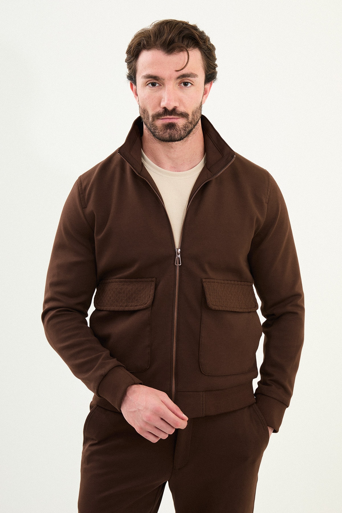 Düz Slim Fit Fermuarlı Torba Cepli Hakim Yaka Pantolon Mont - Kahverengi