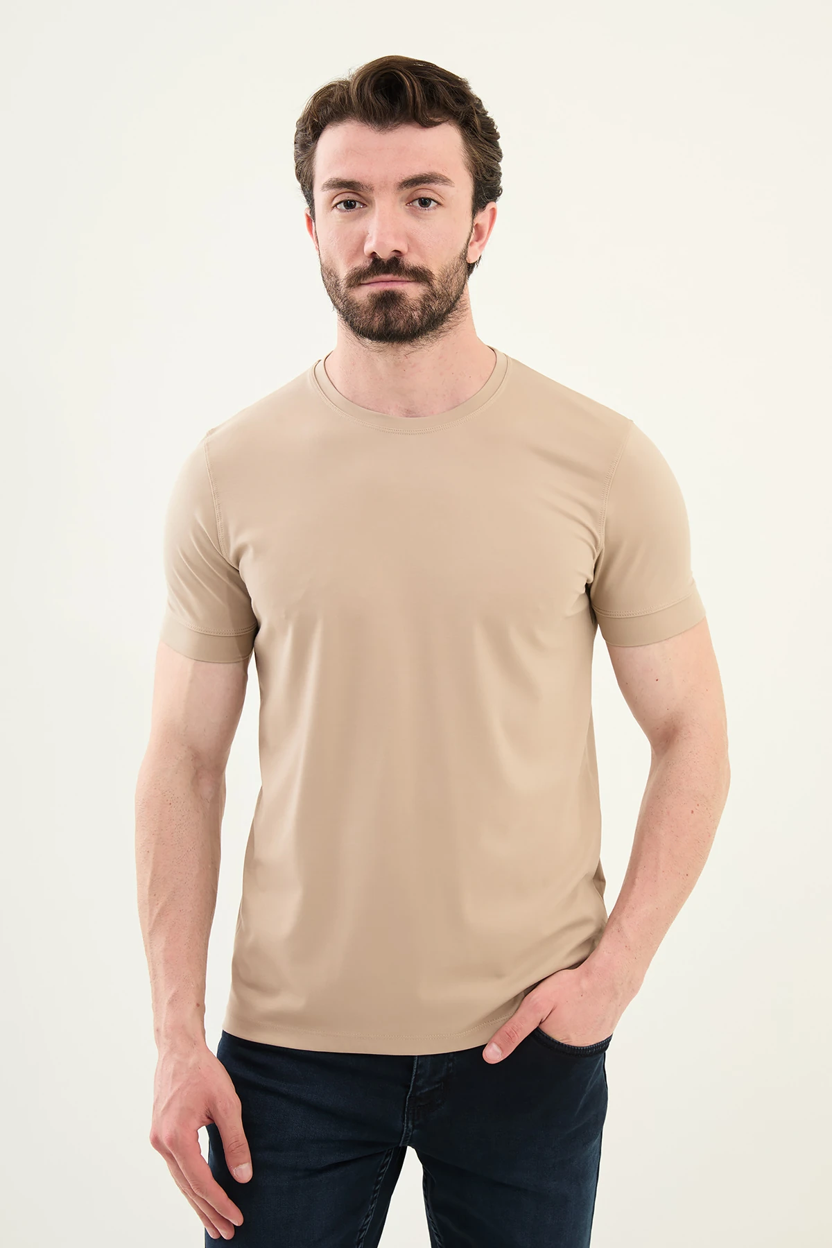 Düz Slim Fit Bisiklet Yaka Basic Erkek T-Shirt - Bej
