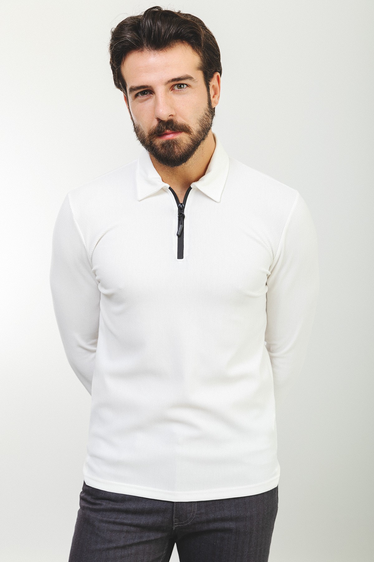 Slim Fit Fermuarlı Polo Yaka Uzun Kollu Erkek T-Shirt - Ekru