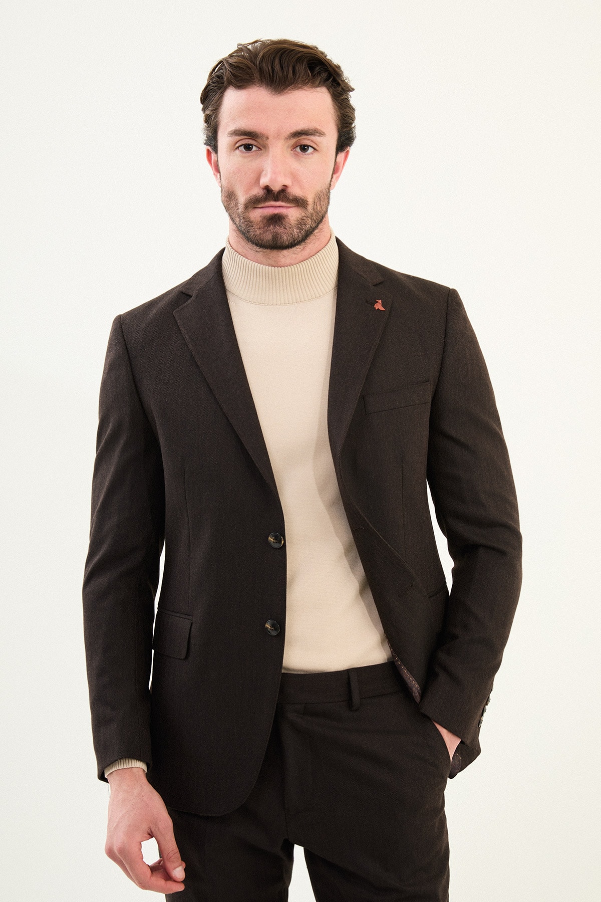 Desenli Slim Fit Mono Yaka Yün Erkek Takım Elbise - Kahverengi