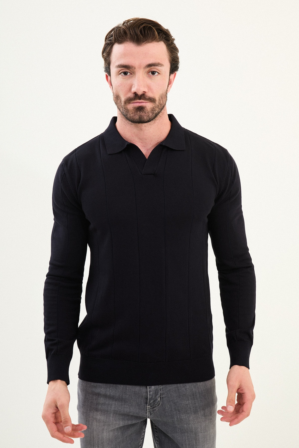 Çizgili Slim Fit Apaç Yaka Erkek Kazak - Lacivert