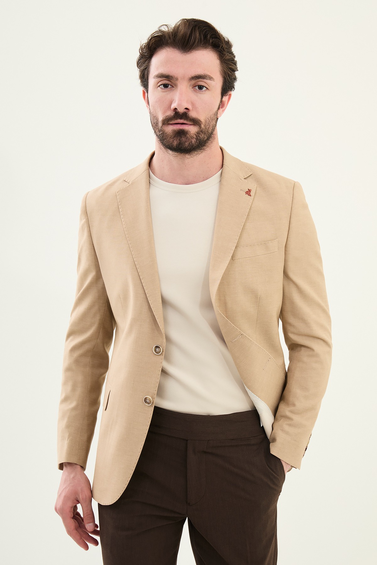 Düz Slim Fit Mono Yaka Keten Erkek Ceket - Bej