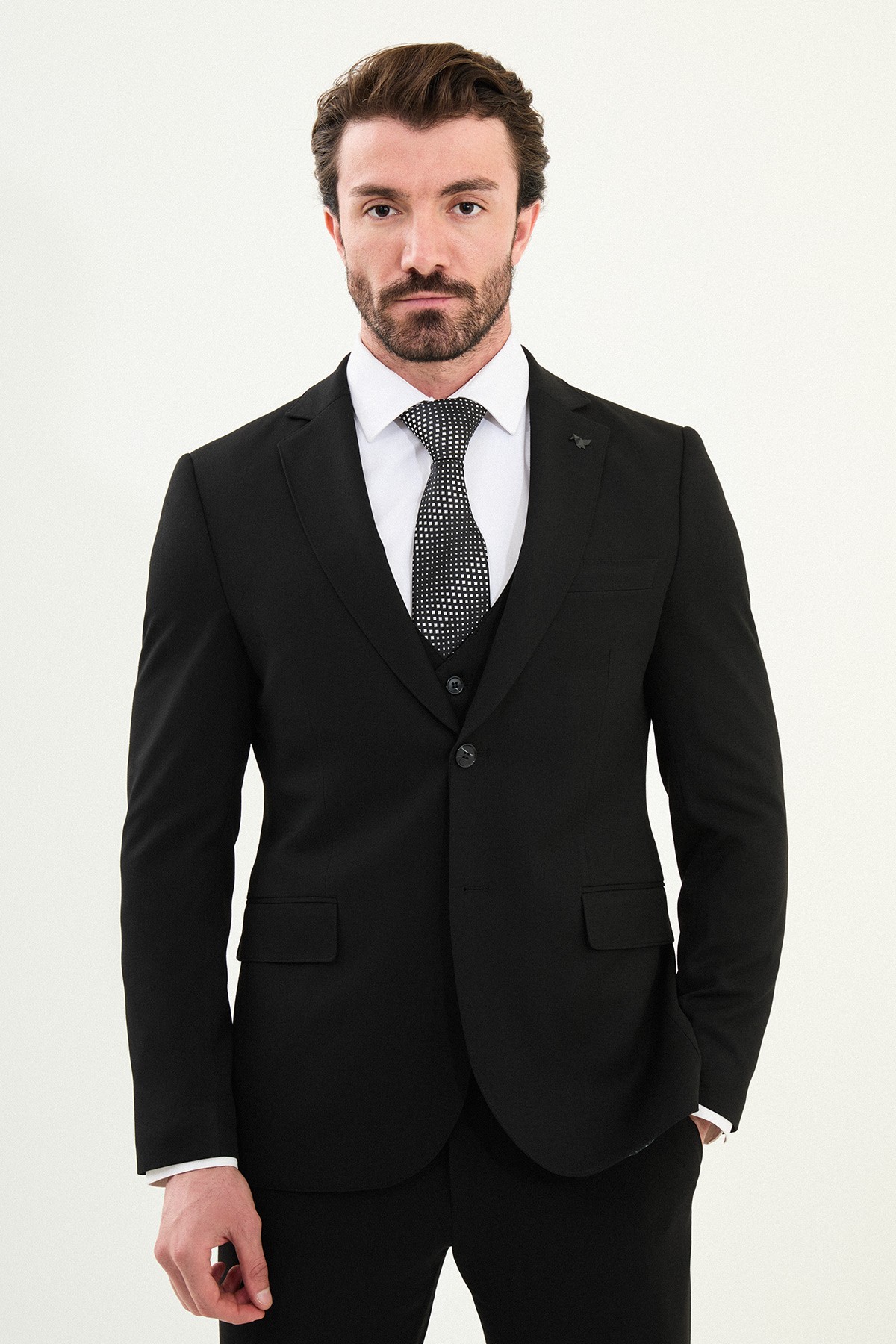 Düz Slim Fit Mono Yaka Klasik Yün Erkek Takım Elbise