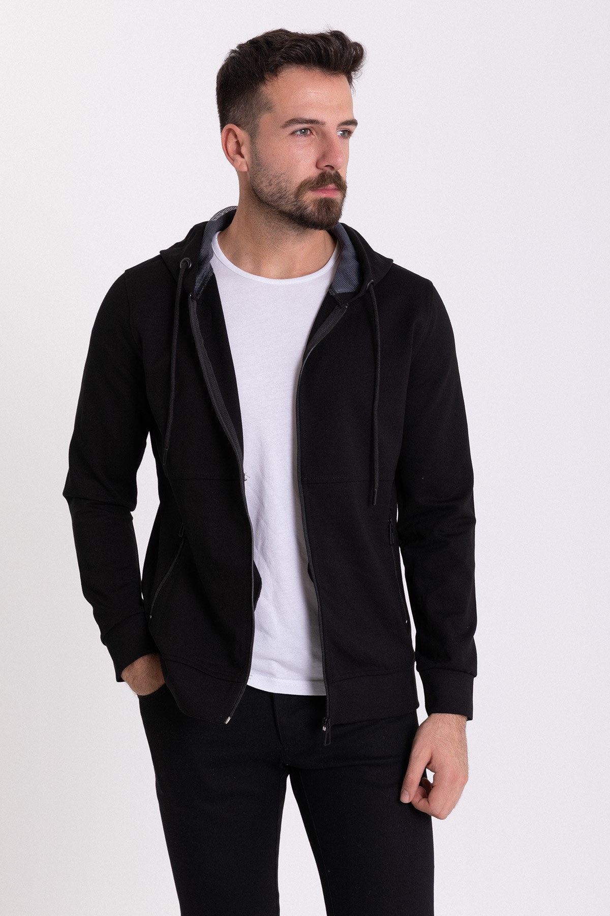 Fermuarlı Slim Fit Kapüşonlu Erkek Sweatshirt