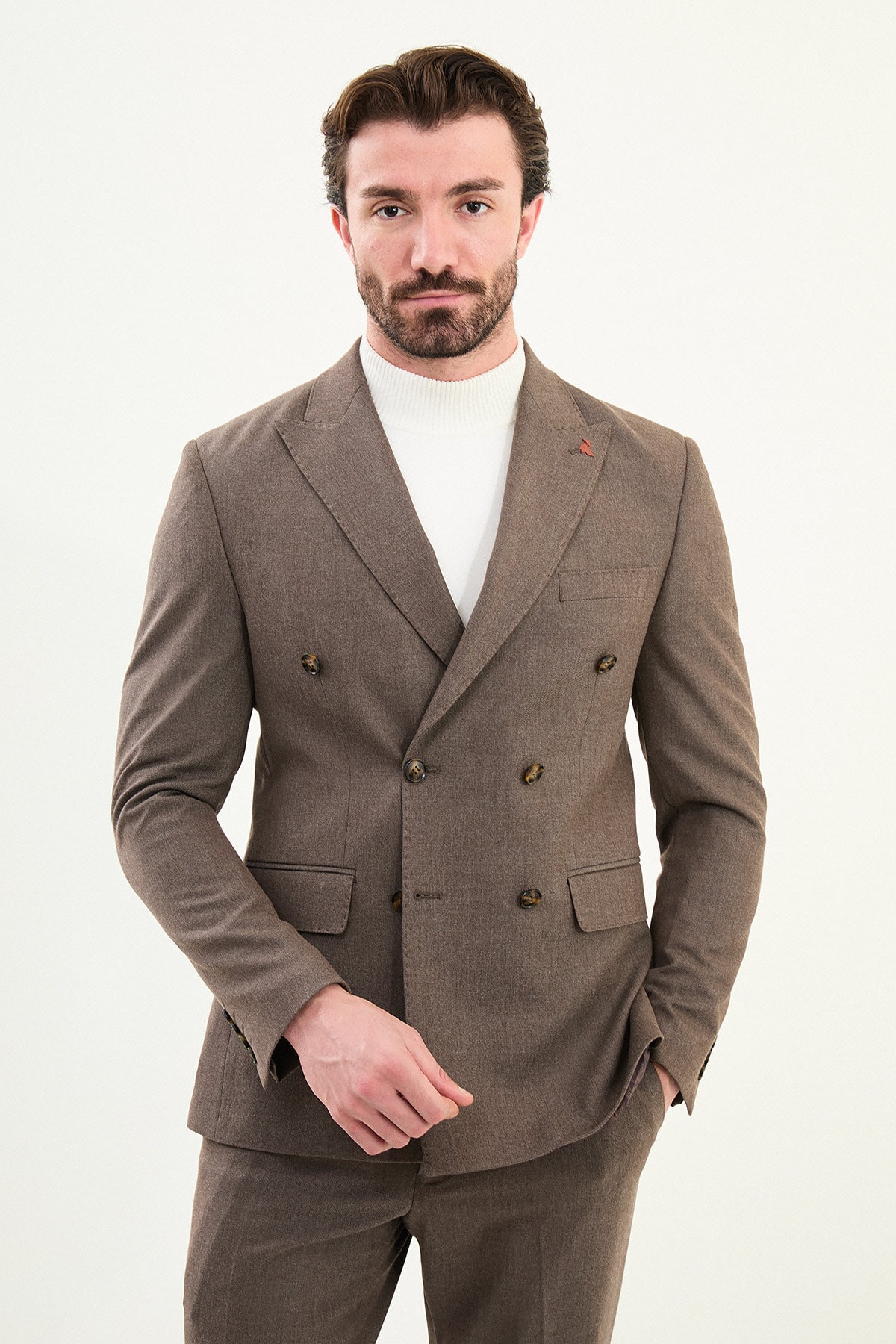 Düz Slim Fit Geniş Yaka Punto Dikiş Kruvaze Erkek Takım Elbise - Vizon