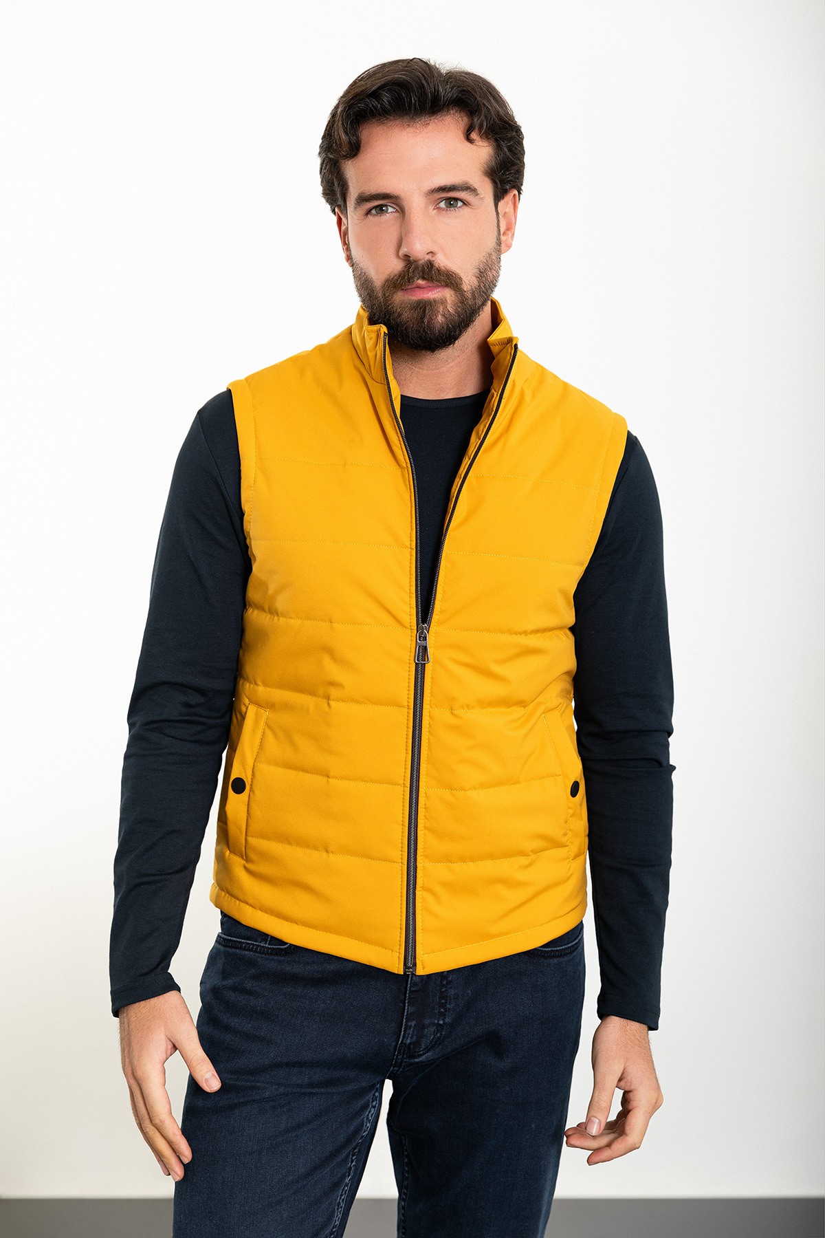 Düz Slim Fit Hakim Yaka Erkek Şişme Yelek - Hardal