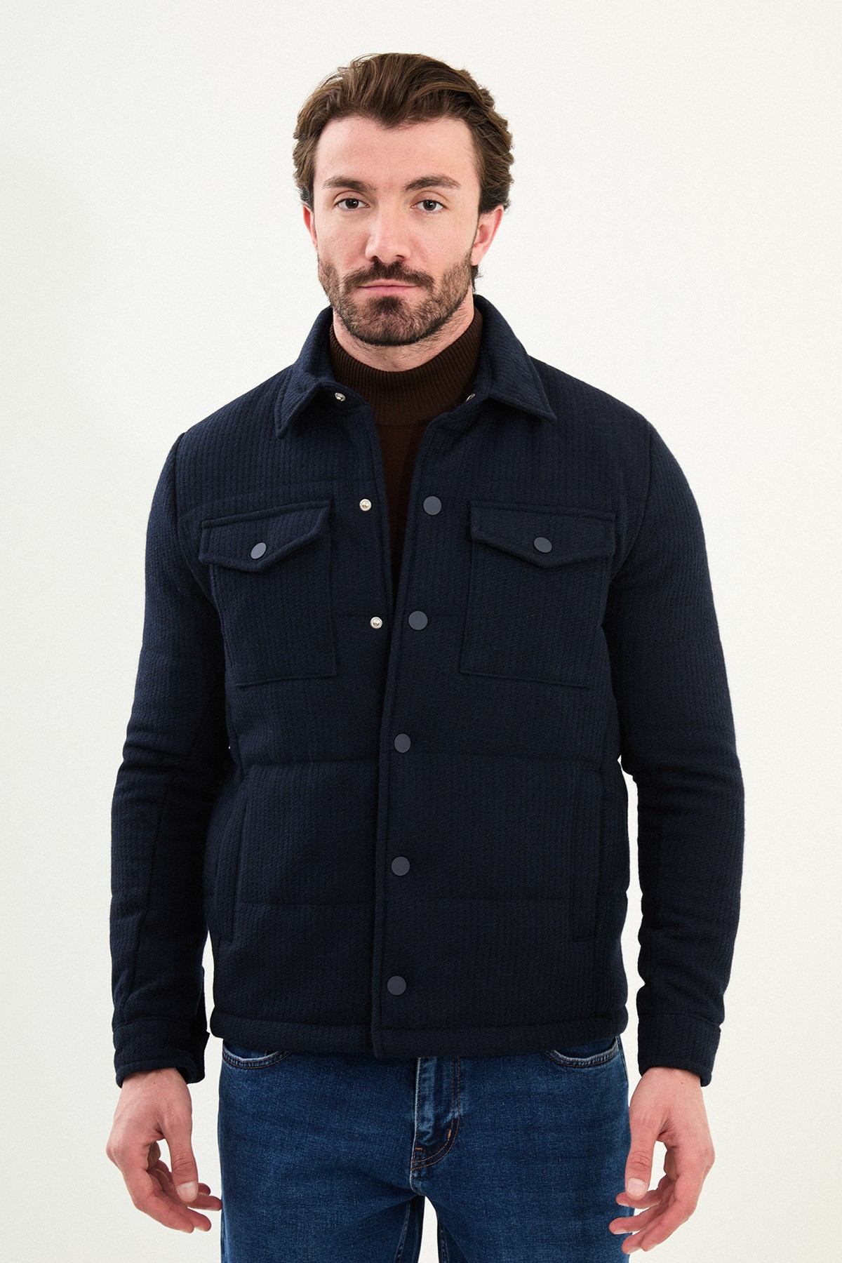 Çizgili Slim Fit Gömlek Yaka Çıtçıtlı Erkek Mont - Lacivert