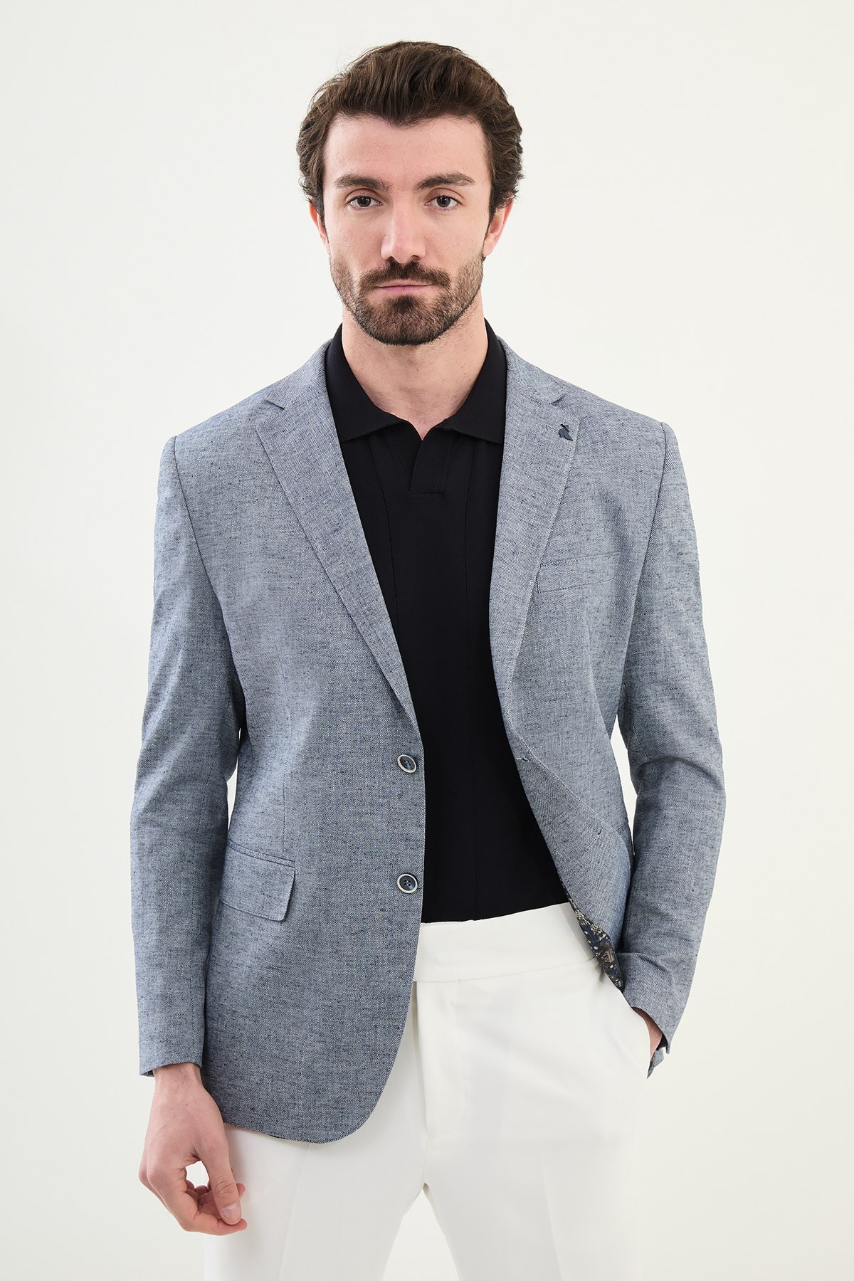 Kırçıllı Slim Fit Mono Yaka Keten Erkek Ceket