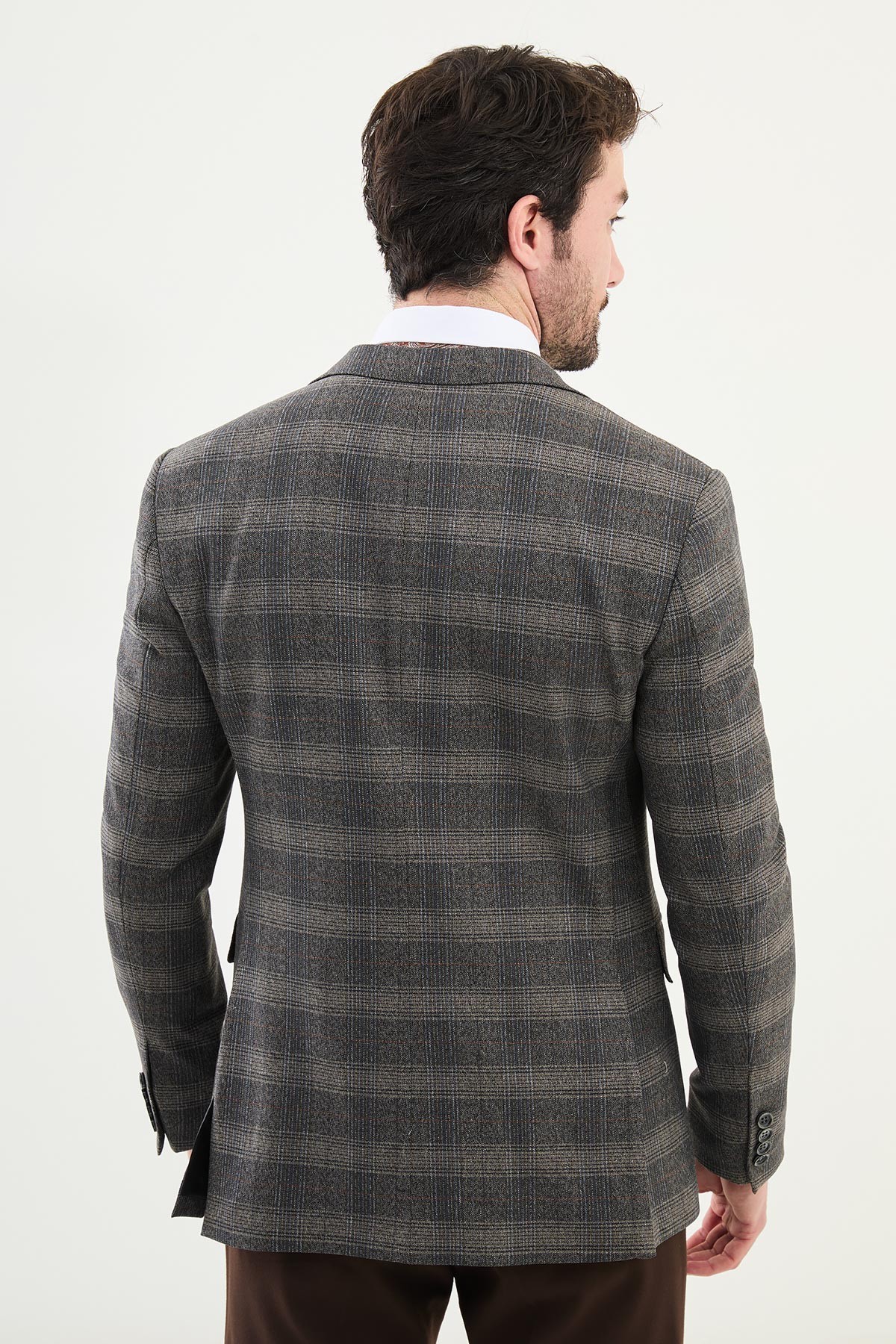 Ekoseli Slim Fit Mono Yaka Yün Erkek Ceket