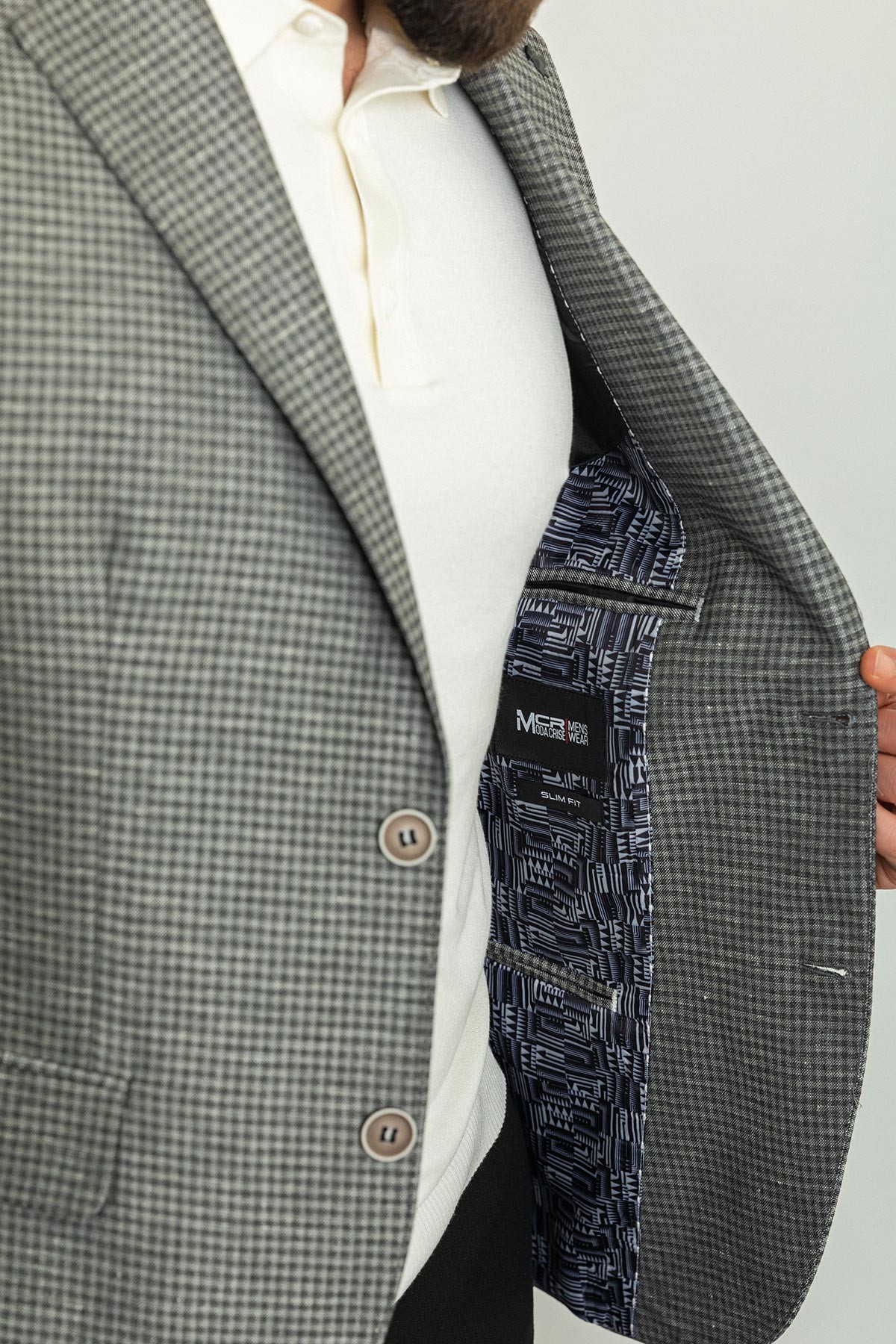 Kareli Slim Fit Mono Yaka Keten Erkek Ceket