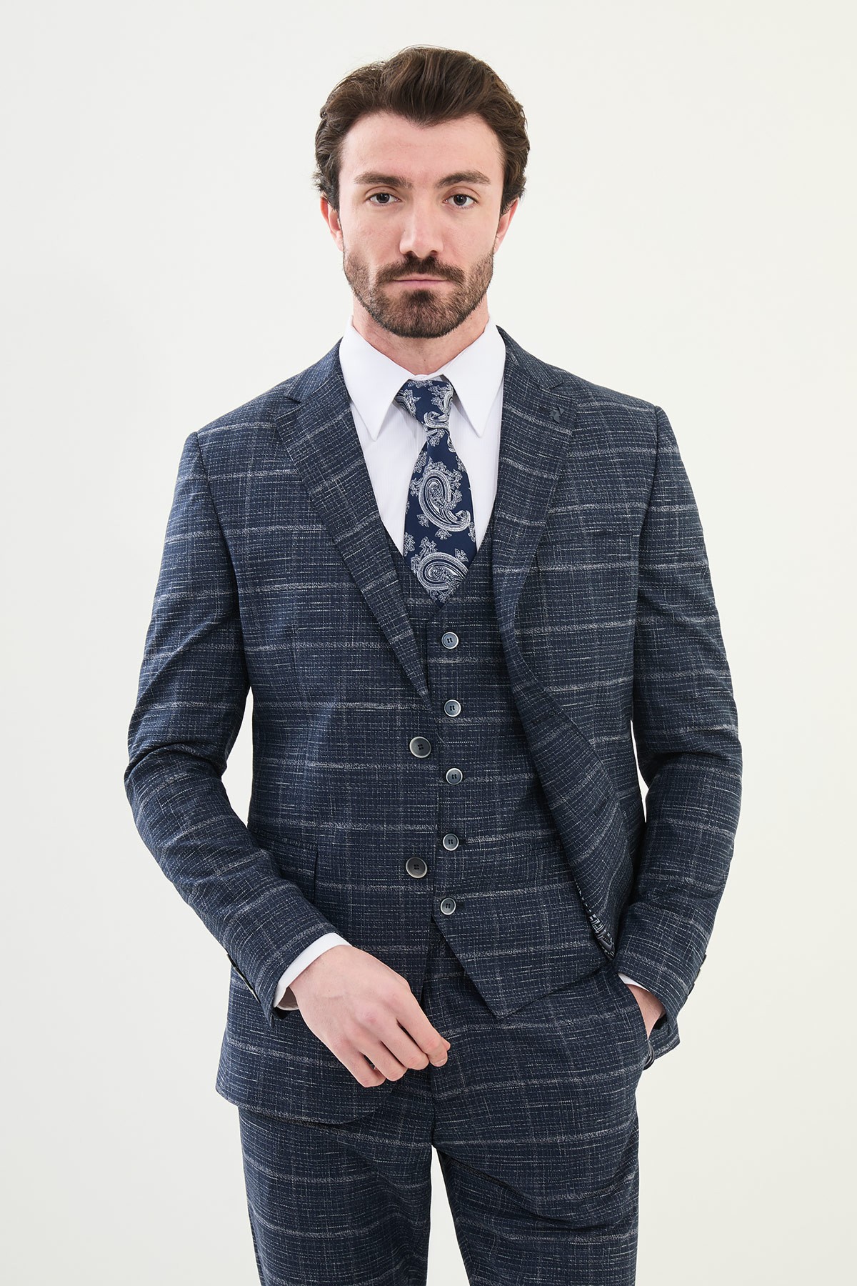 Ekoseli Slim Fit Mono Yaka Klasik Erkek Takım Elbise