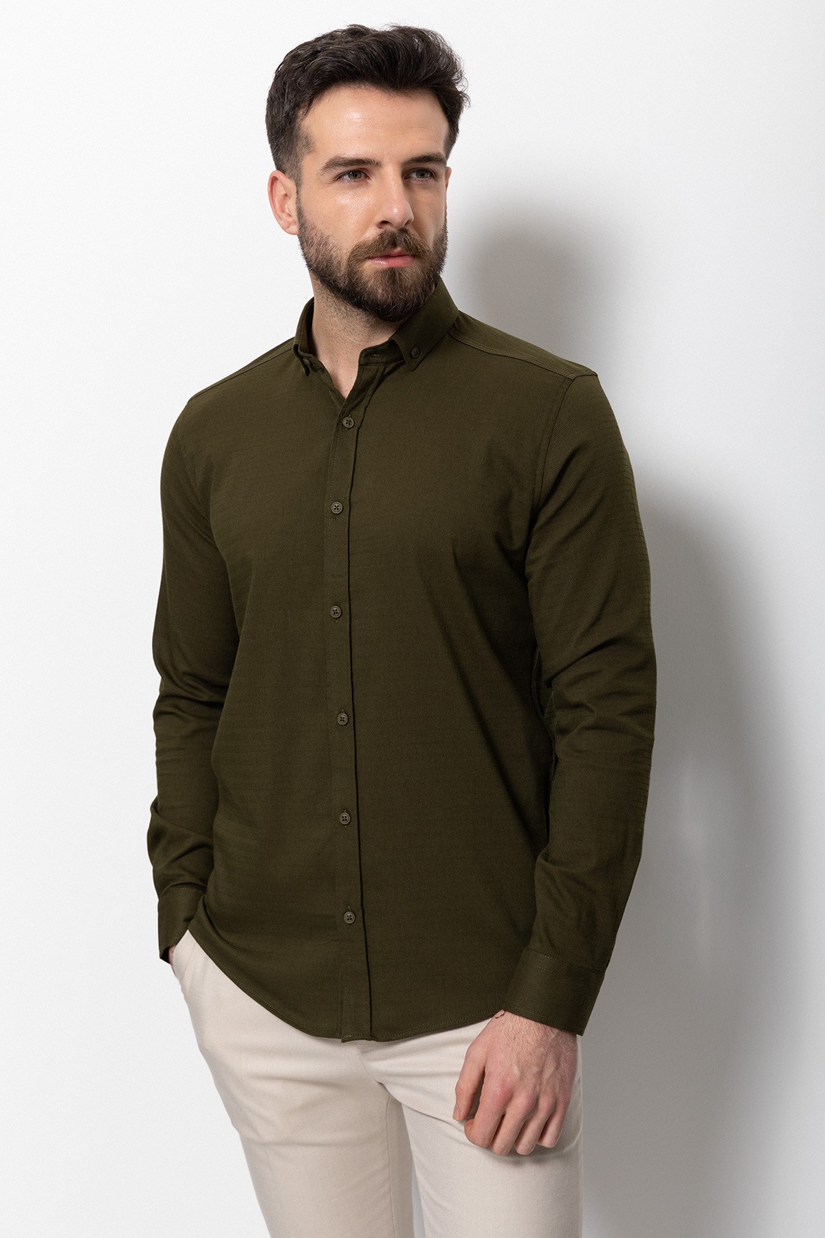 Desenli Slim Fit Erkek Gömlek - Haki