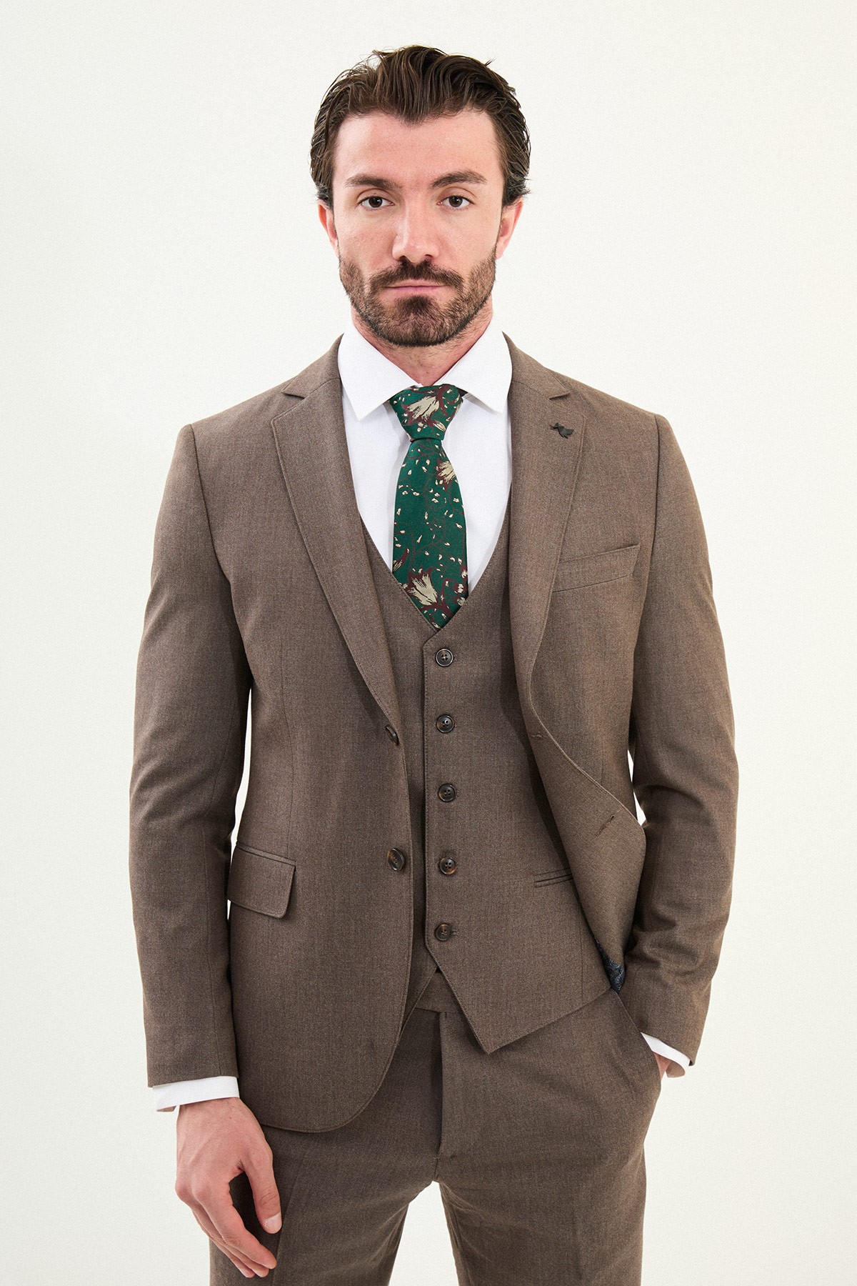 Düz Slim Fit Mono Yaka Klasik Yün Erkek Takım Elbise - Vizon