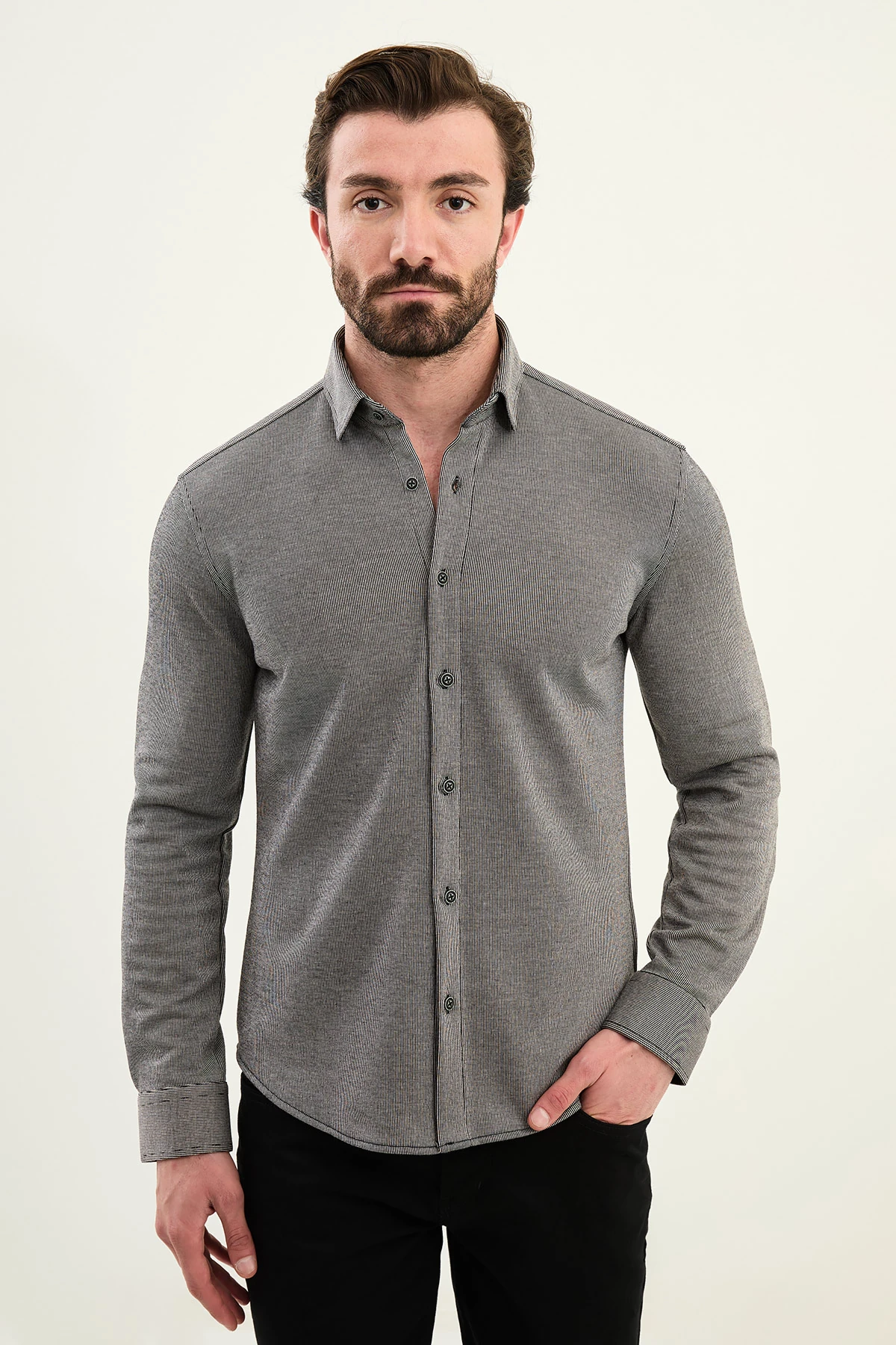 Çizgili Slim Fit Yün Uzun Kollu Erkek Gömlek - Siyah