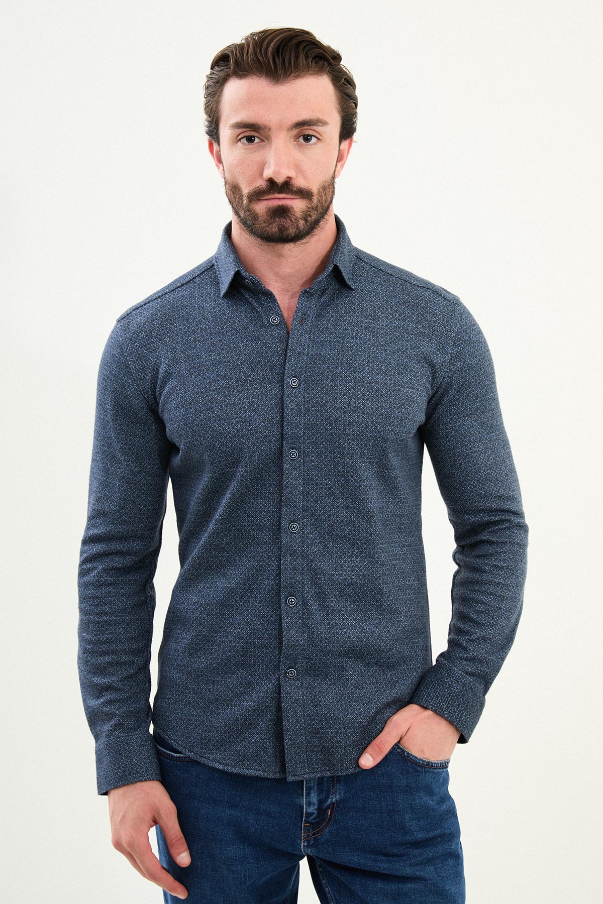 Desenli Slim Fit Uzun Kollu Oduncu Yün Erkek Gömlek - İndigo