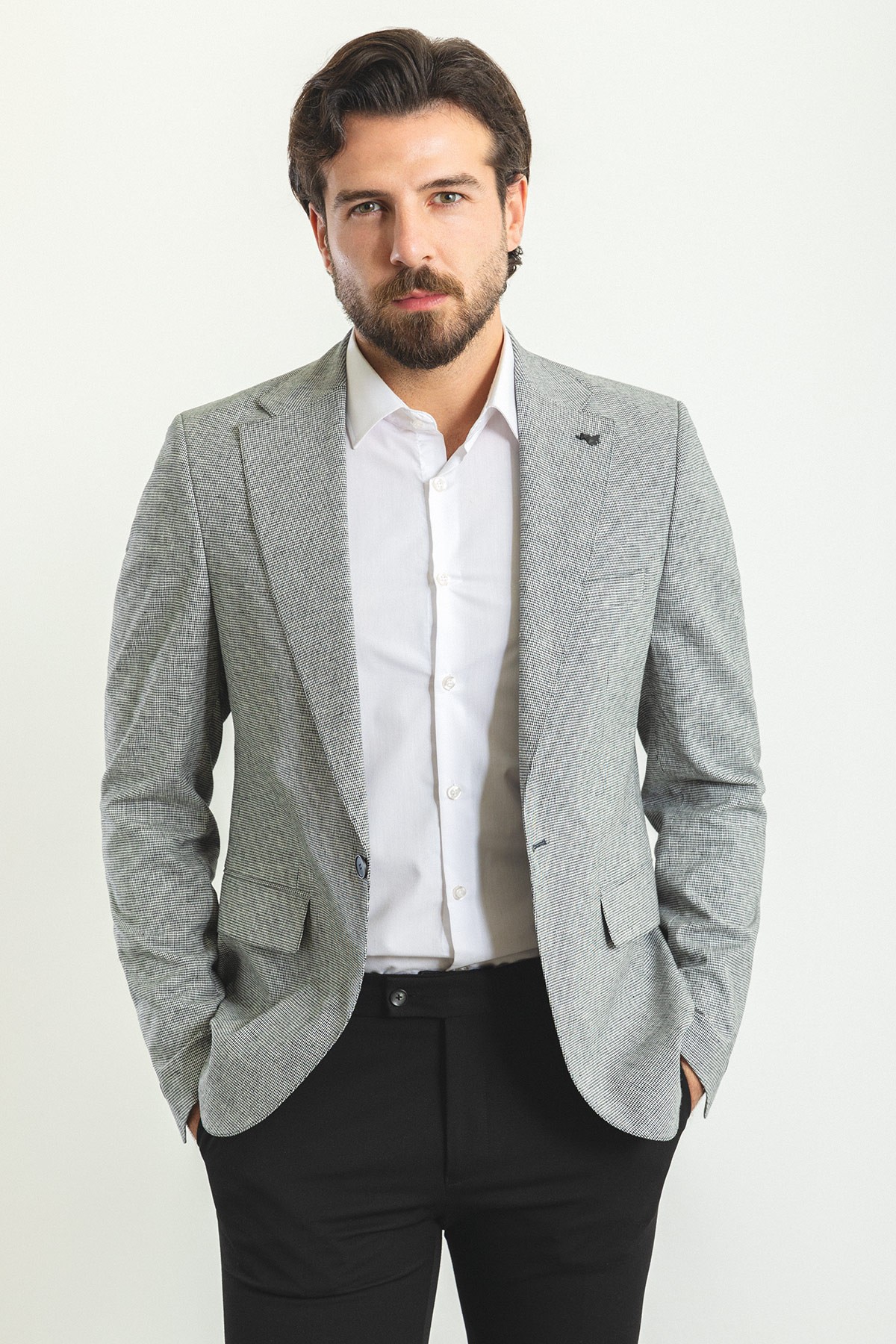 Kareli Slim Fit Mono Yaka Keten Erkek Ceket