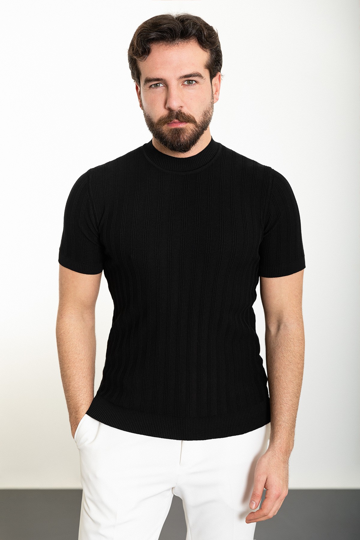 Çizgili Slim Fit Yarım Balıkçı Yaka Erkek Triko T-Shirt - Siyah