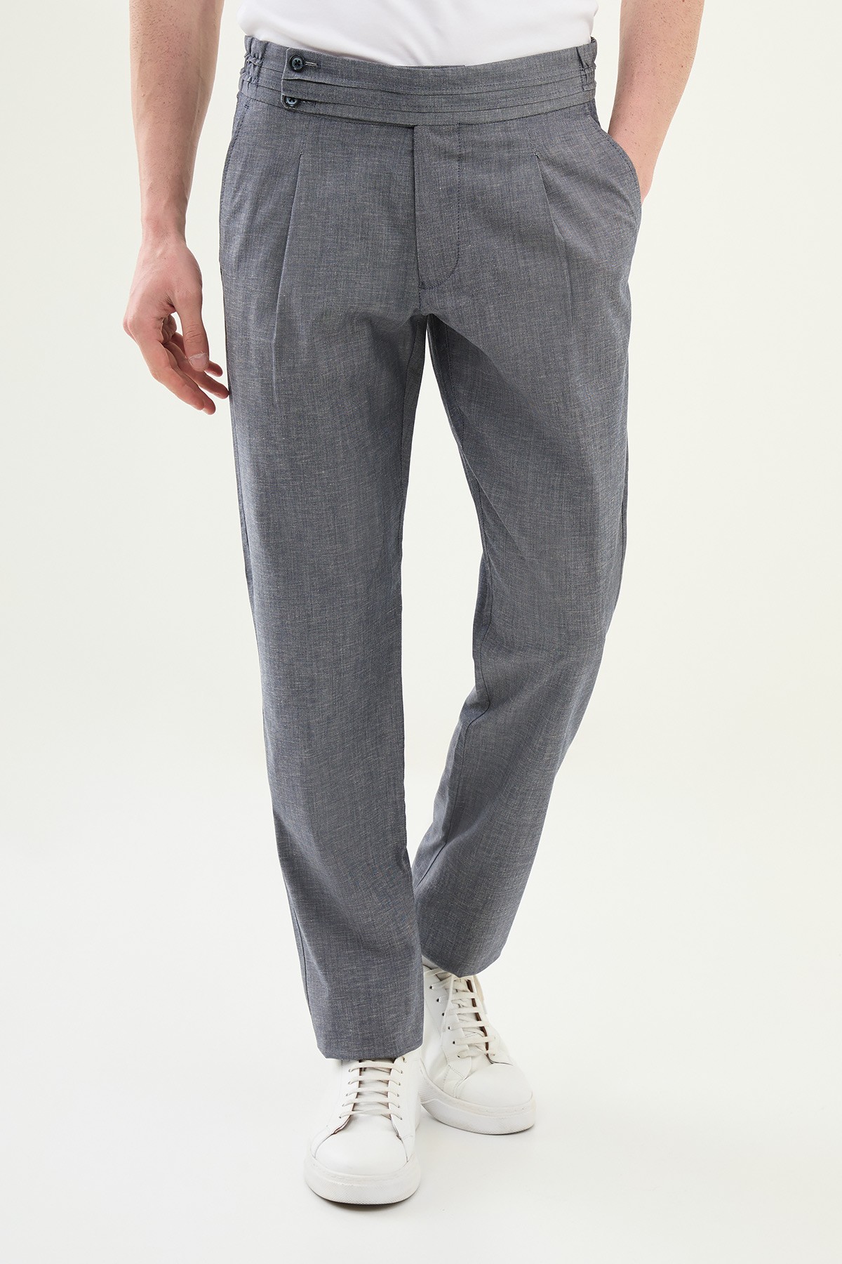 Düz Slim Fit Beli Lastikli Keten Erkek Pantolon - Lacivert