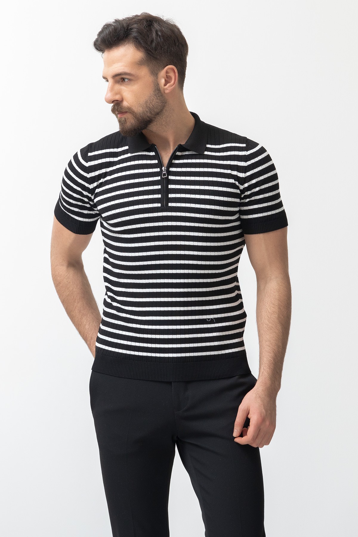 Yatay Cizgili Slim Fit Fermuarlı Polo Yaka Kısa Kollu Erkek Triko