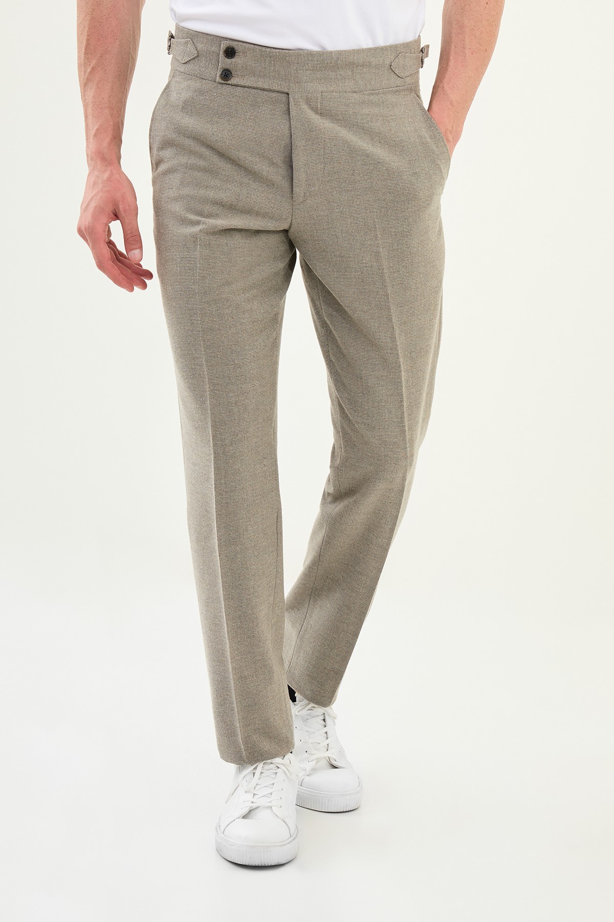 Kareli Slim Fit Beli Tokalı Yün Erkek Pantolon - Gri
