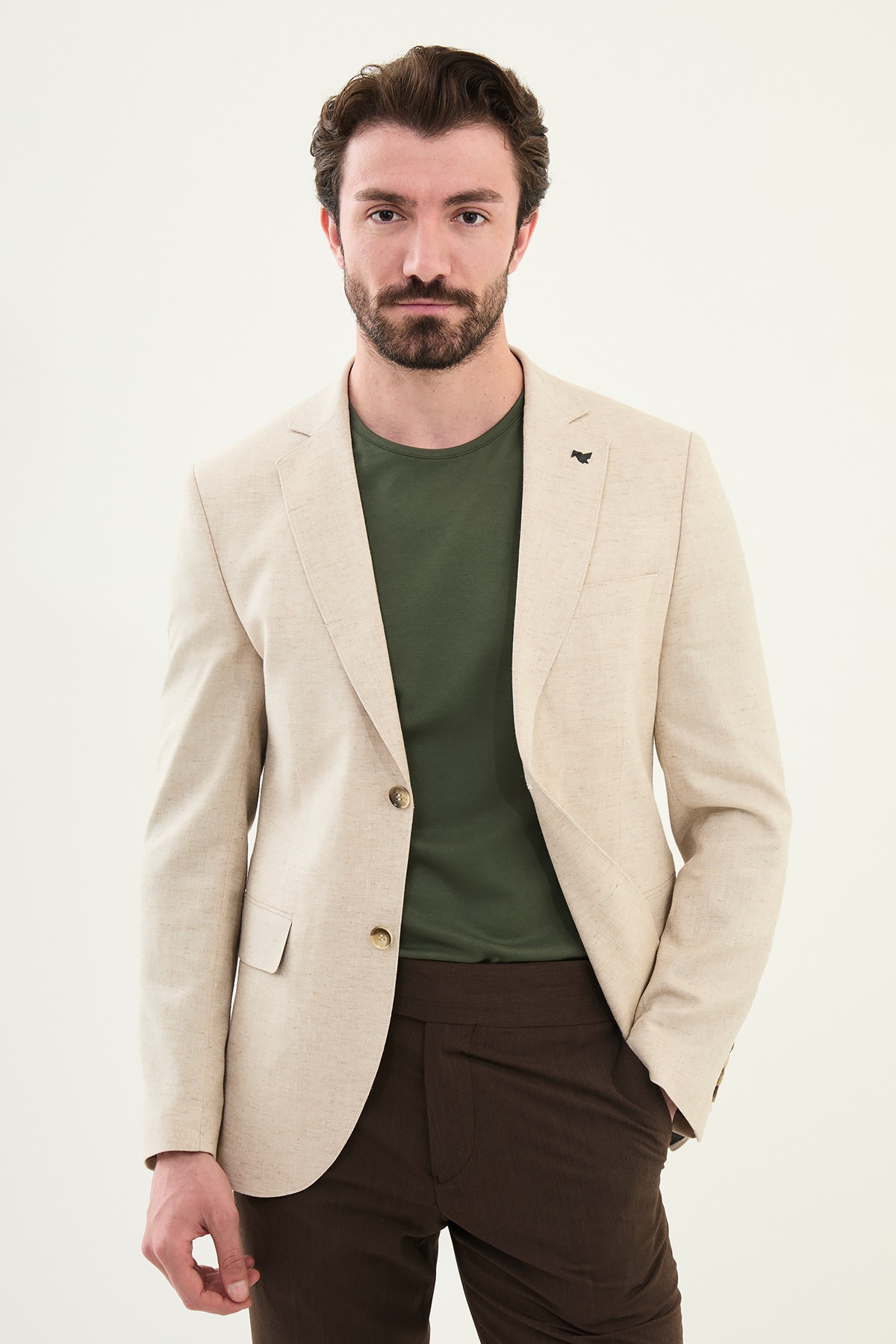 Kırçıllı Slim Fit Mono Yaka Keten Erkek Ceket - Bej