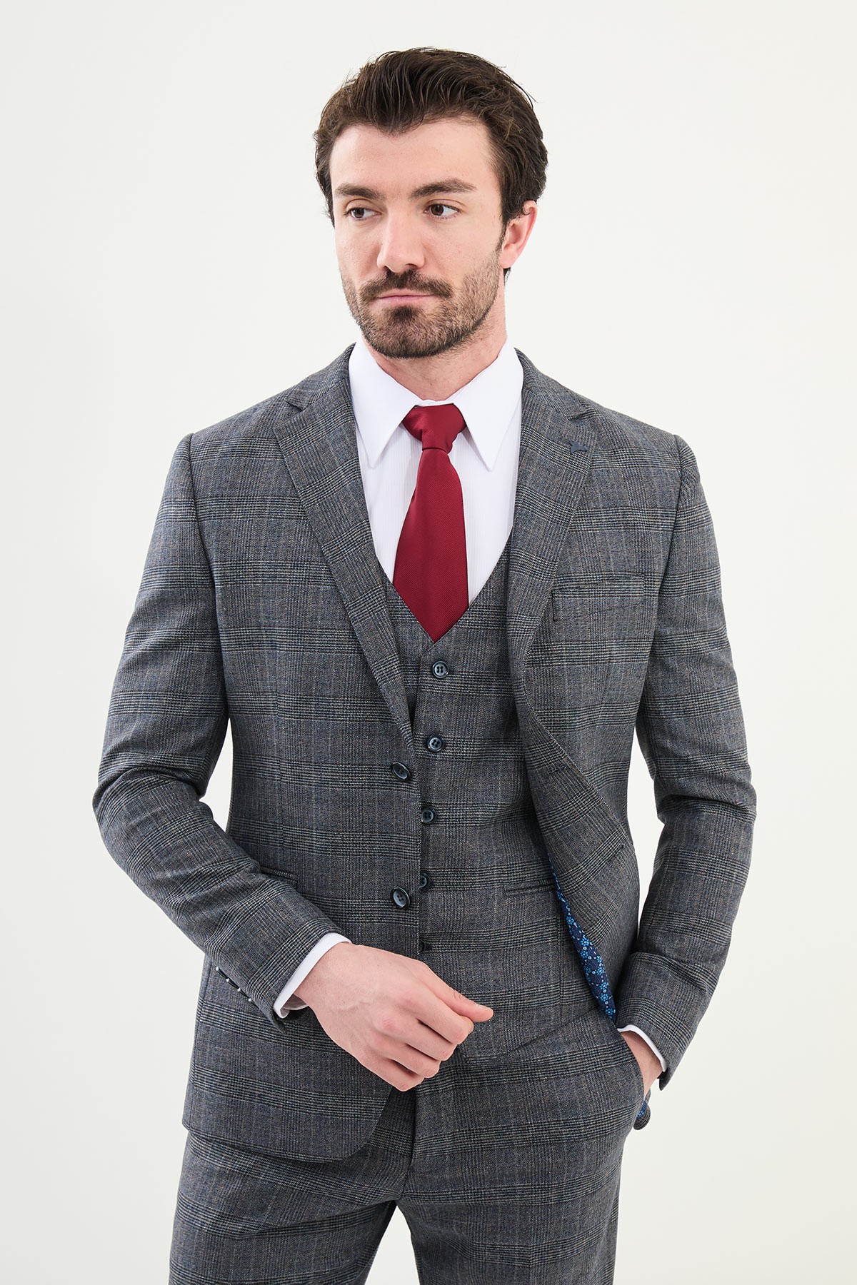 Ekoseli Slim Fit Mono Yaka Yün Erkek Takım Elbise