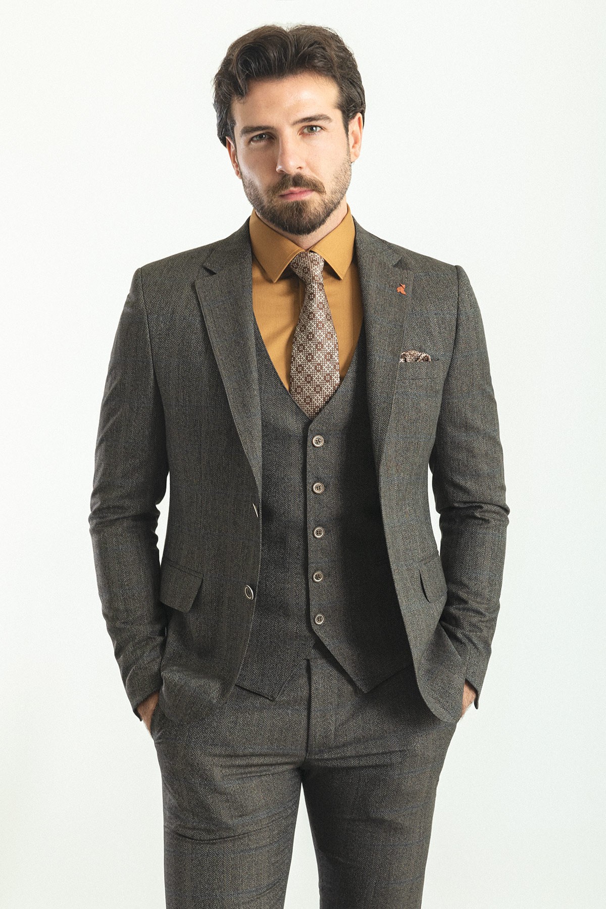 Ekoseli Slim Fit Mono Yaka Yün Erkek Takım Elbise