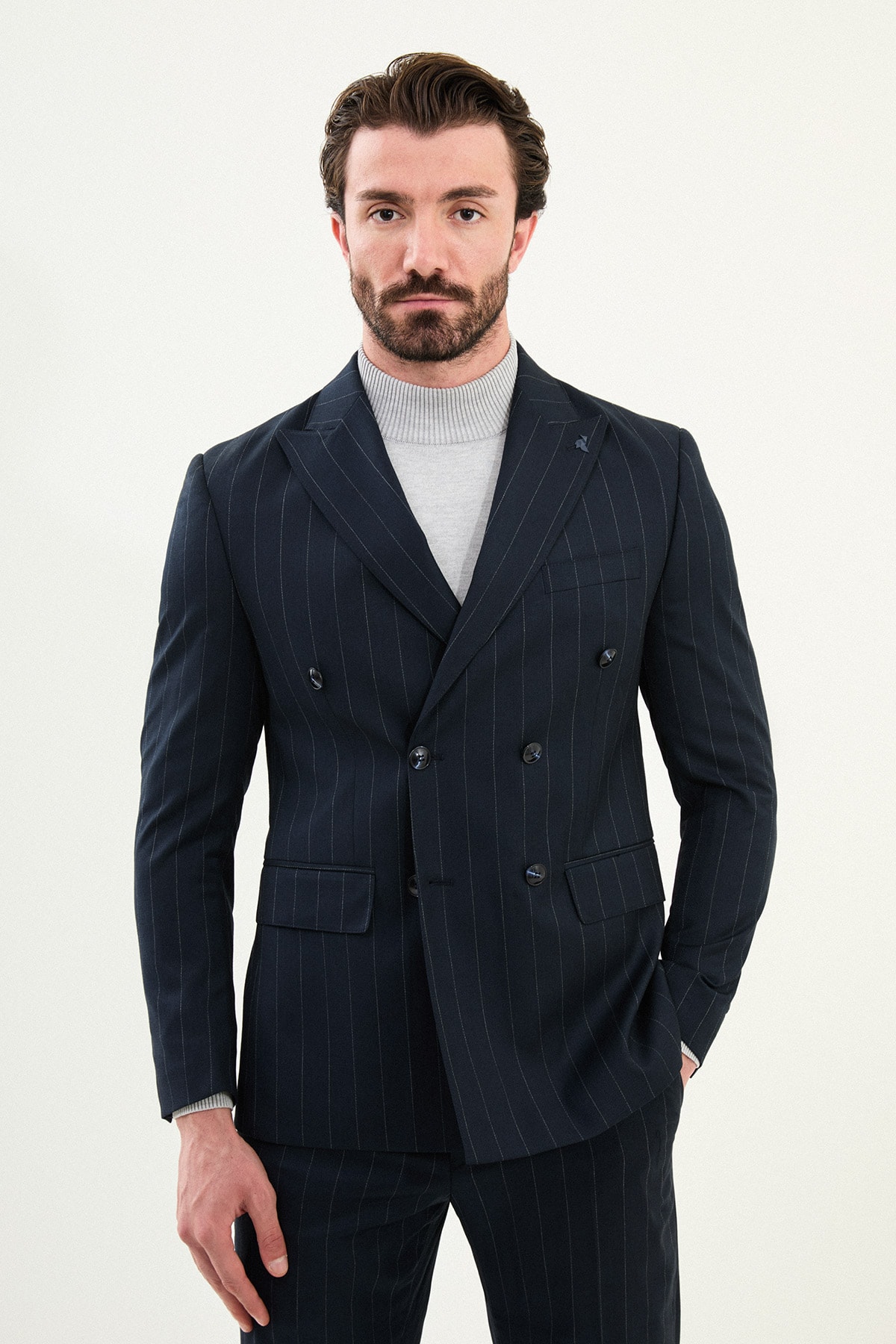 Çizgili Slim Fit Geniş Yaka Kruvaze Erkek Takım Elbise - Lacivert