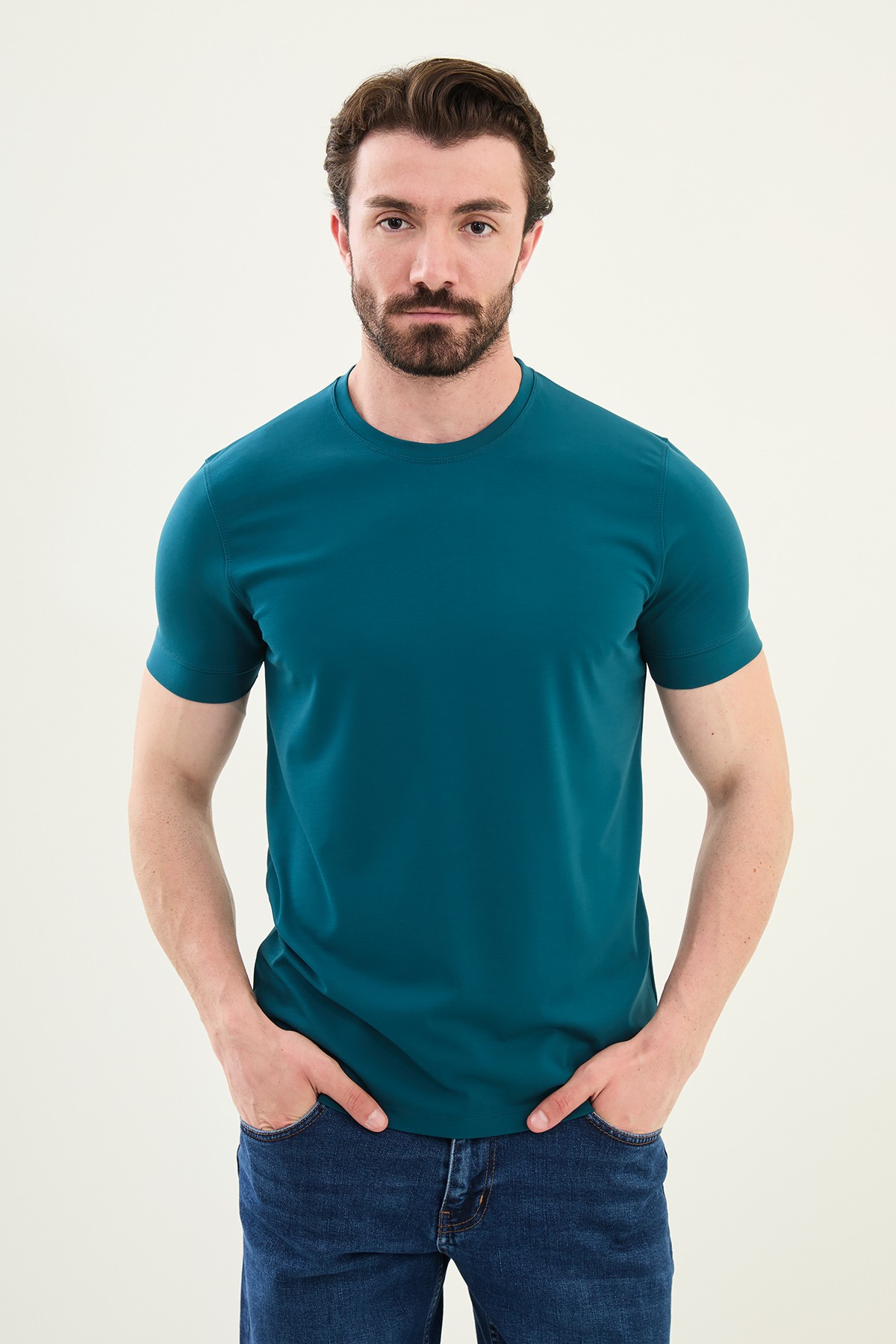 Düz Slim Fit Bisiklet Yaka Basic Erkek T-Shirt - Petrol